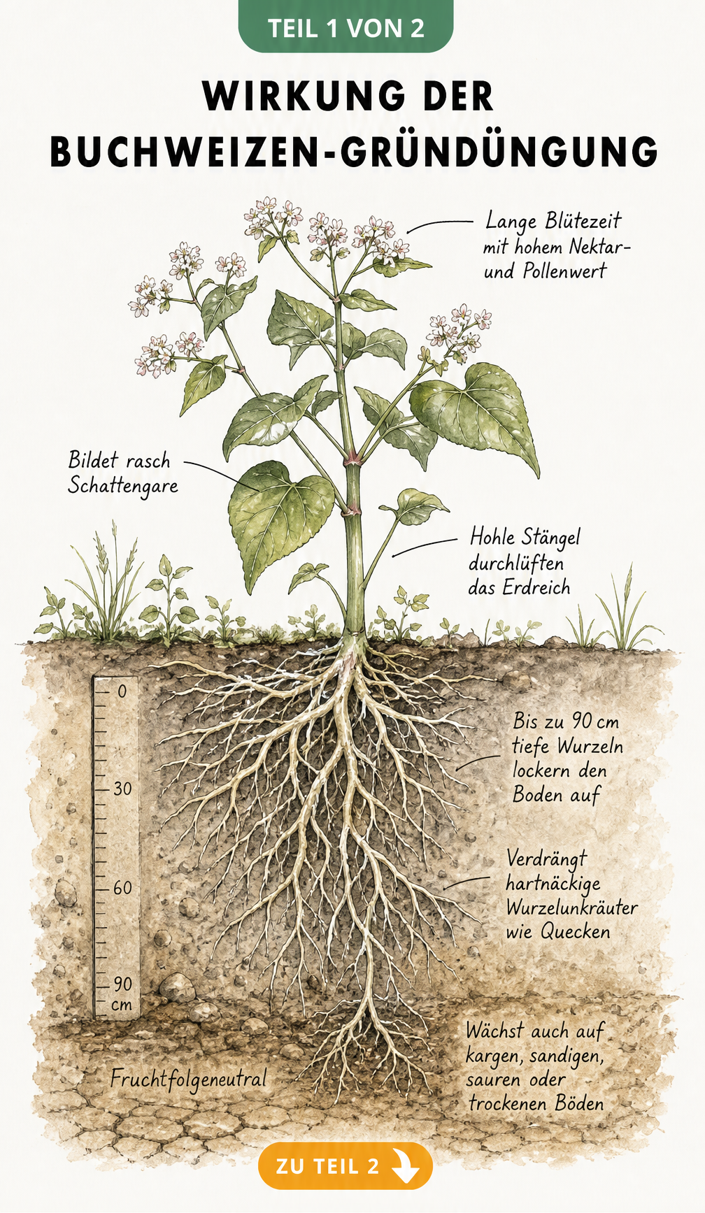 Botanische Illustration einer Buchweizenpflanze mit tiefen Wurzeln, Blüten und Stängel im Querschnitt