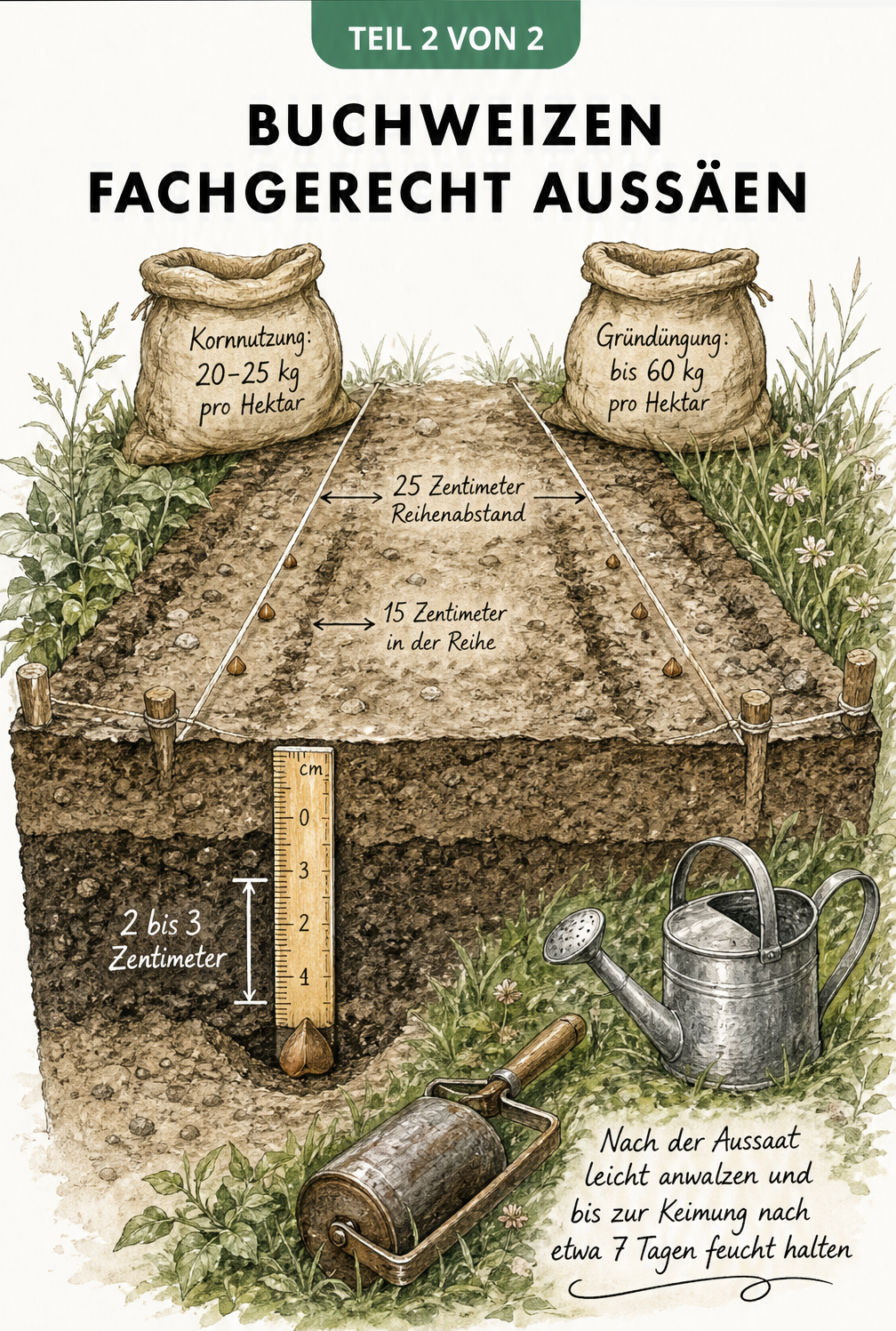 Isometrische Zeichnung eines Gartenbeets mit Buchweizen-Reihensaat, Saattiefe und Saatgutmengen