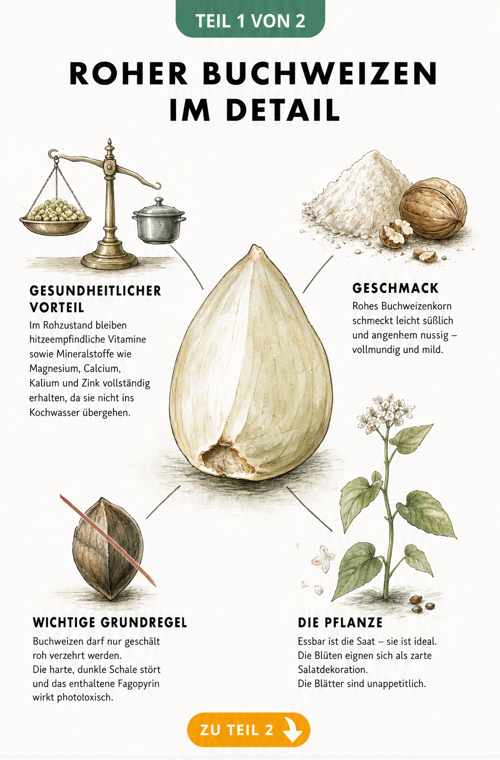 Botanische Illustration eines geschälten Buchweizenkorns mit Erklärungen zu Nährstoffen, Geschmack und Essbarkeit der Pflanzenteile.