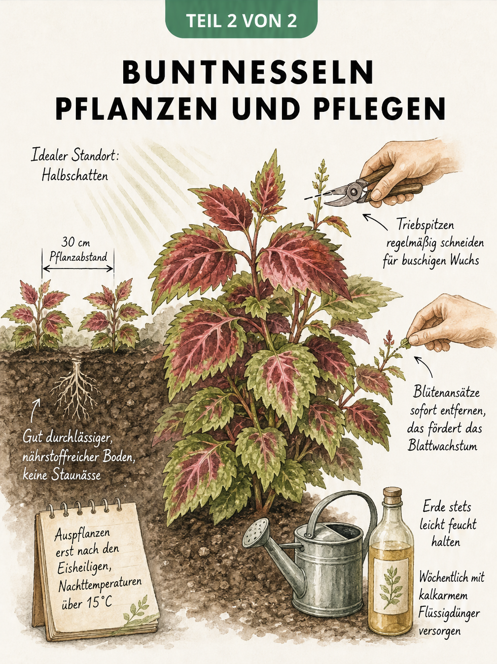 Illustration einer Buntnessel im Beet mit Pflanzabstand, Wurzeln und Gärtnerhänden beim Schneiden der Triebspitzen