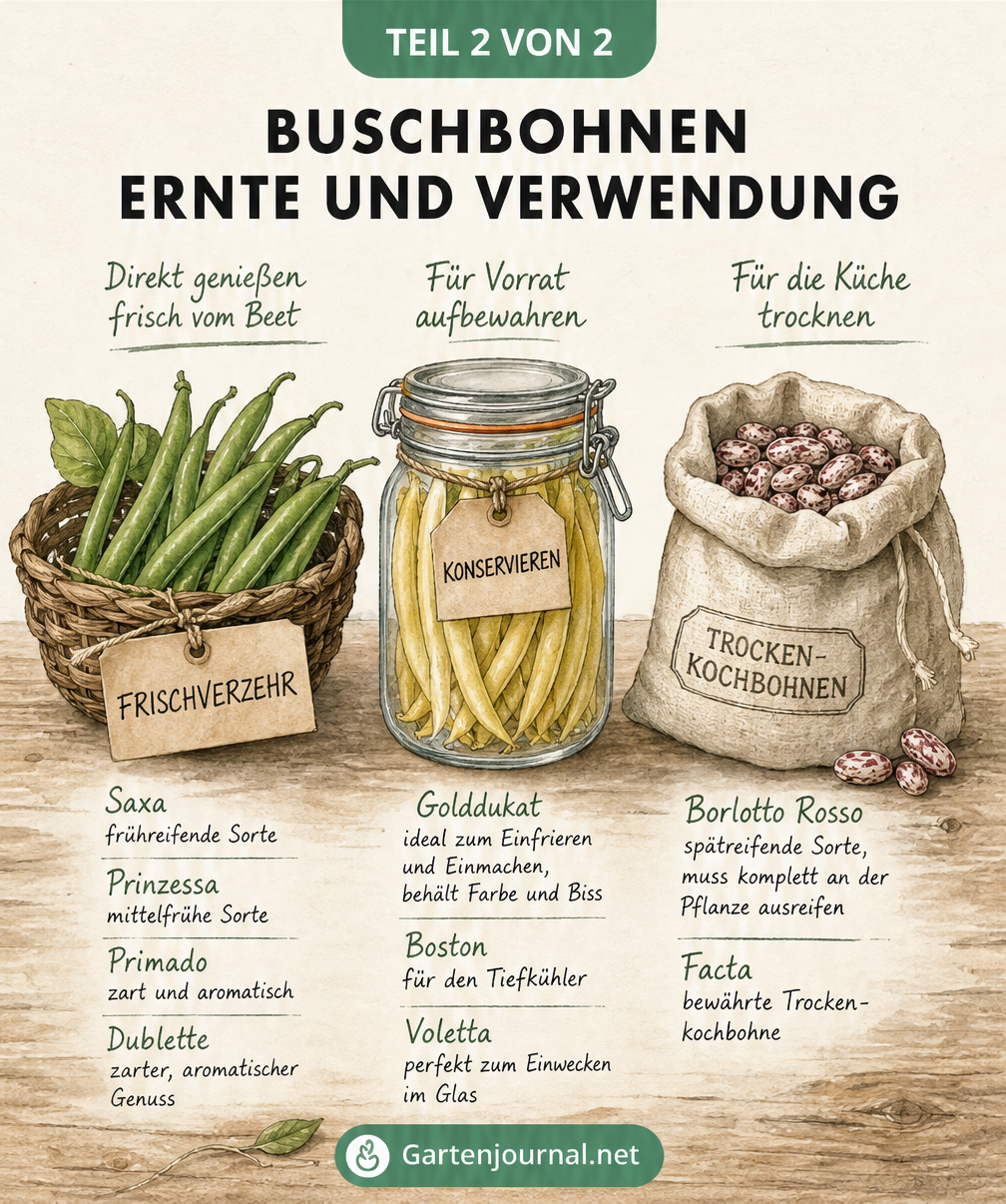 Illustration von Buschbohnen in einem Erntekorb, einem Einmachglas und einem Leinensäckchen zur Einteilung nach Verwendungszweck