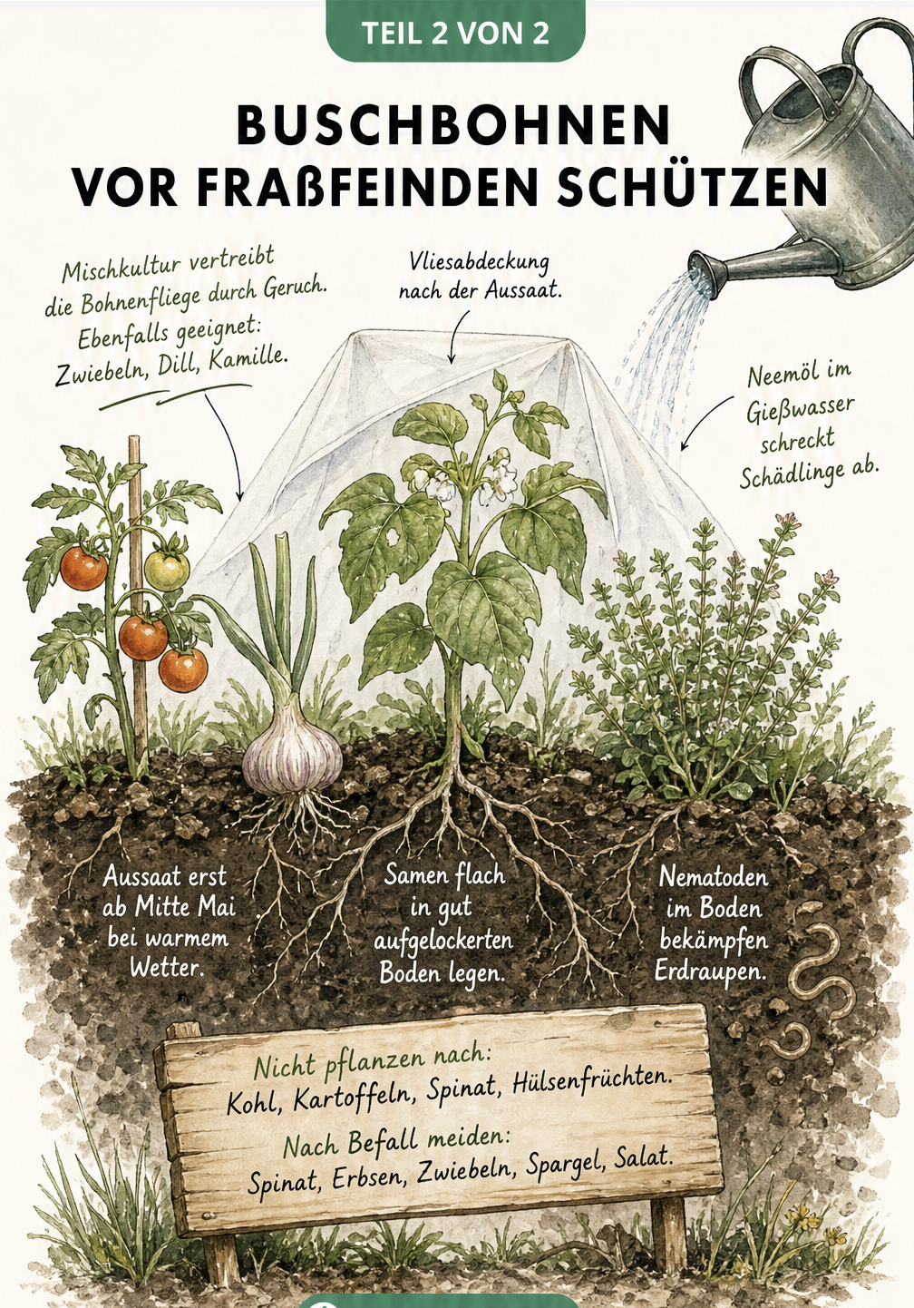 Querschnitt eines Gartenbeets mit Buschbohne, schützenden Begleitpflanzen und Tipps zur Bodenpflege