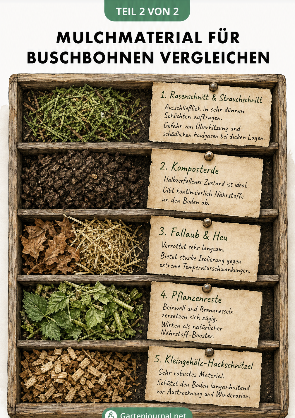 Botanische Querschnitt-Illustration einer Buschbohne im Beet mit Details zur Mulchschicht und Vorbereitung