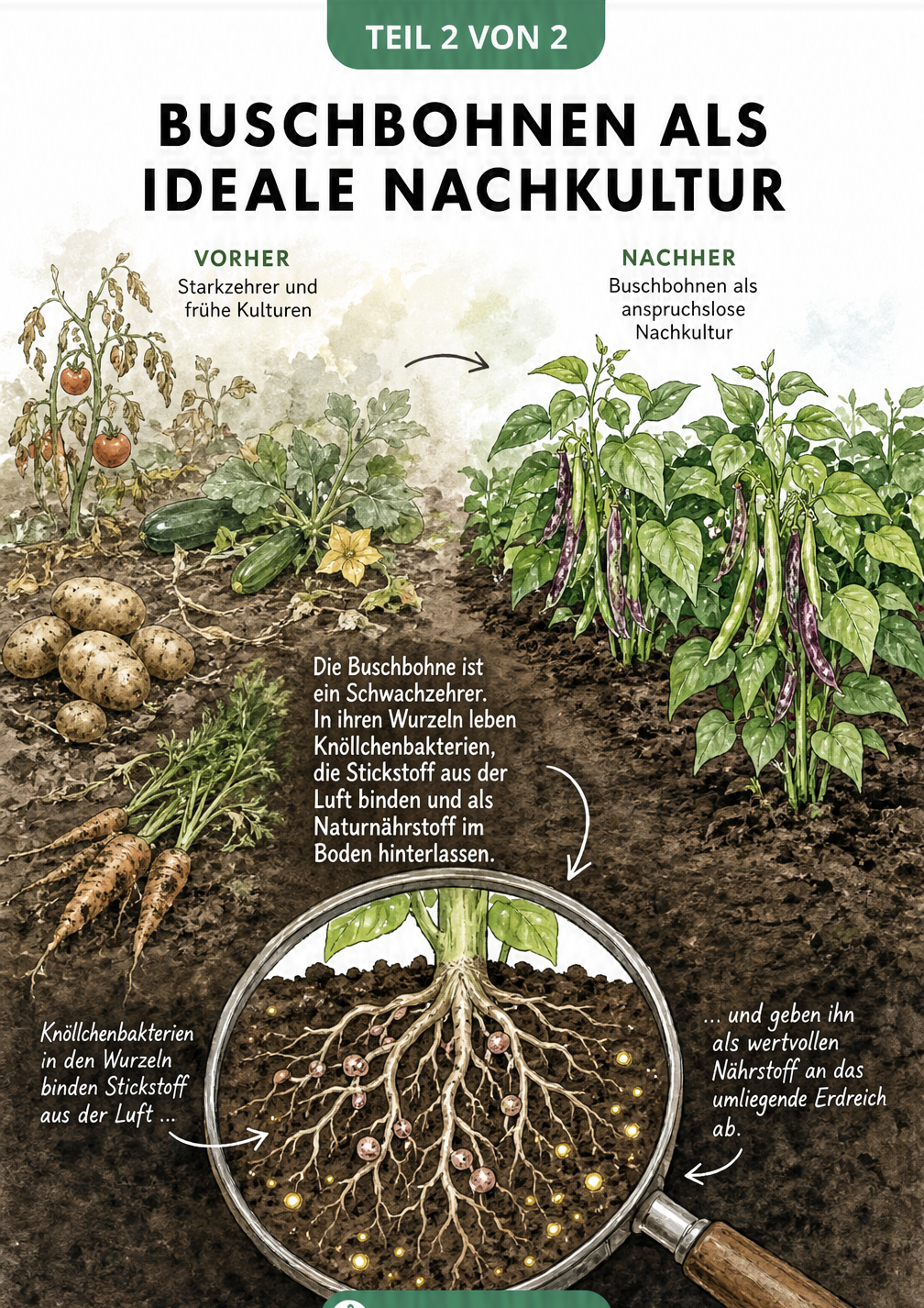 Vorher-Nachher-Illustration eines Gemüsebeets mit Buschbohnen als Nachkultur
