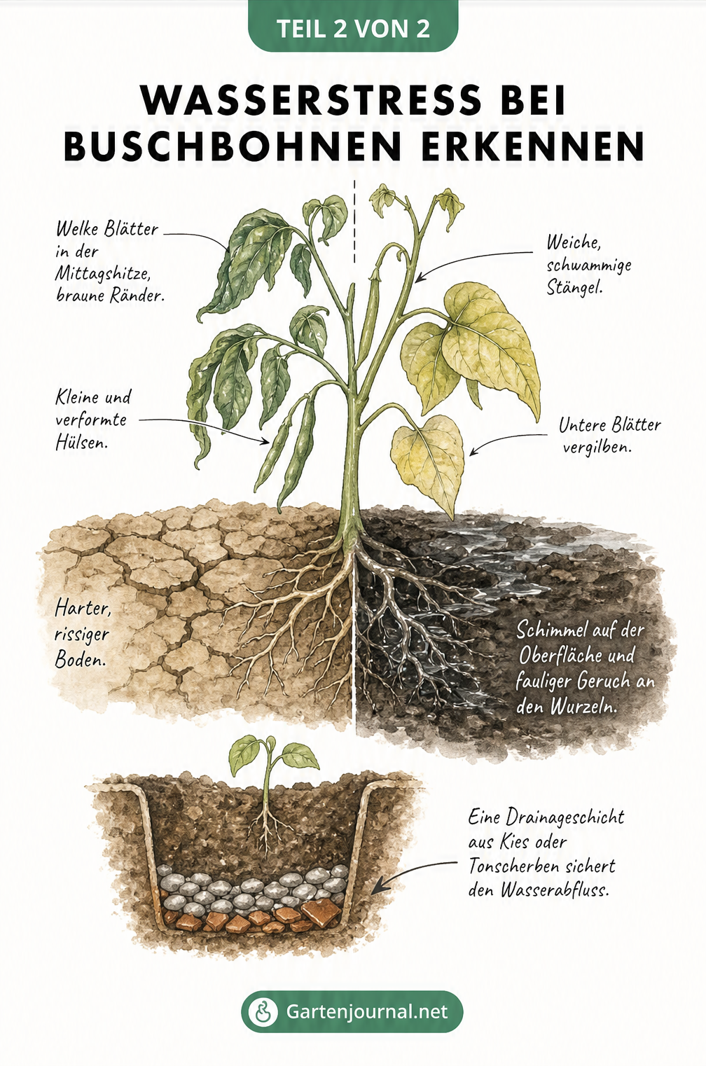 Illustration einer Buschbohnenpflanze, die links Symptome von Wassermangel wie welke Blätter und rechts Symptome von Staunässe wie vergilbte Blätter zeigt.