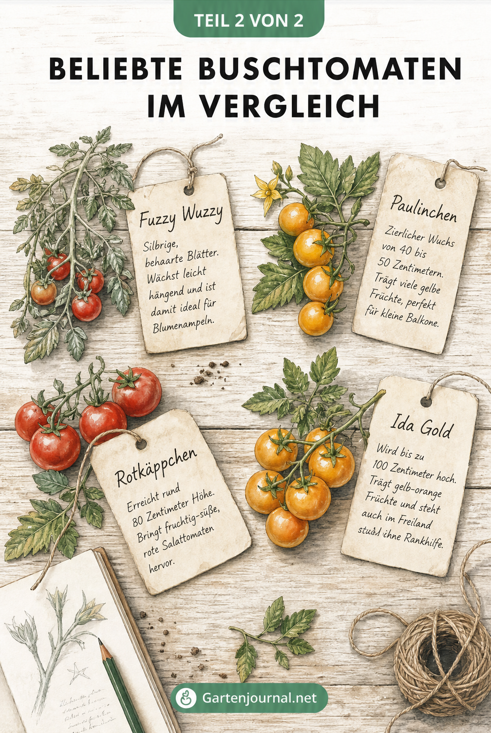 Aquarell-Skizzen von vier Buschtomaten-Sorten: Fuzzy Wuzzy, Paulinchen, Rotkäppchen und Ida Gold mit ihren Eigenschaften
