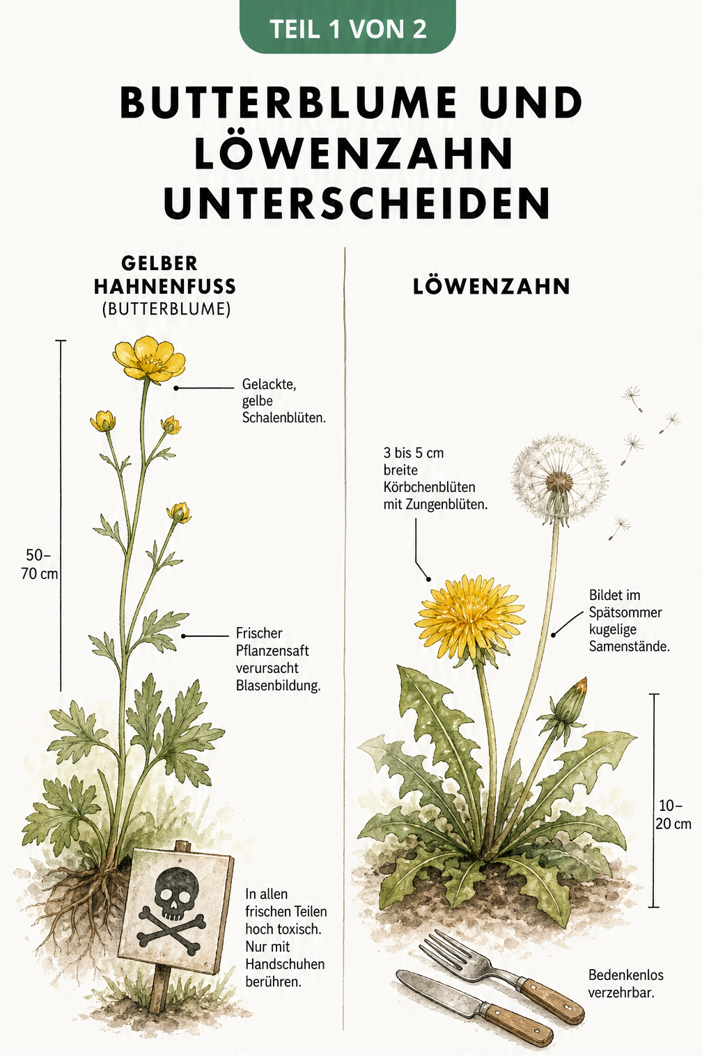 Botanische Gegenüberstellung von Butterblume und Löwenzahn mit Wuchshöhe und Merkmalen
