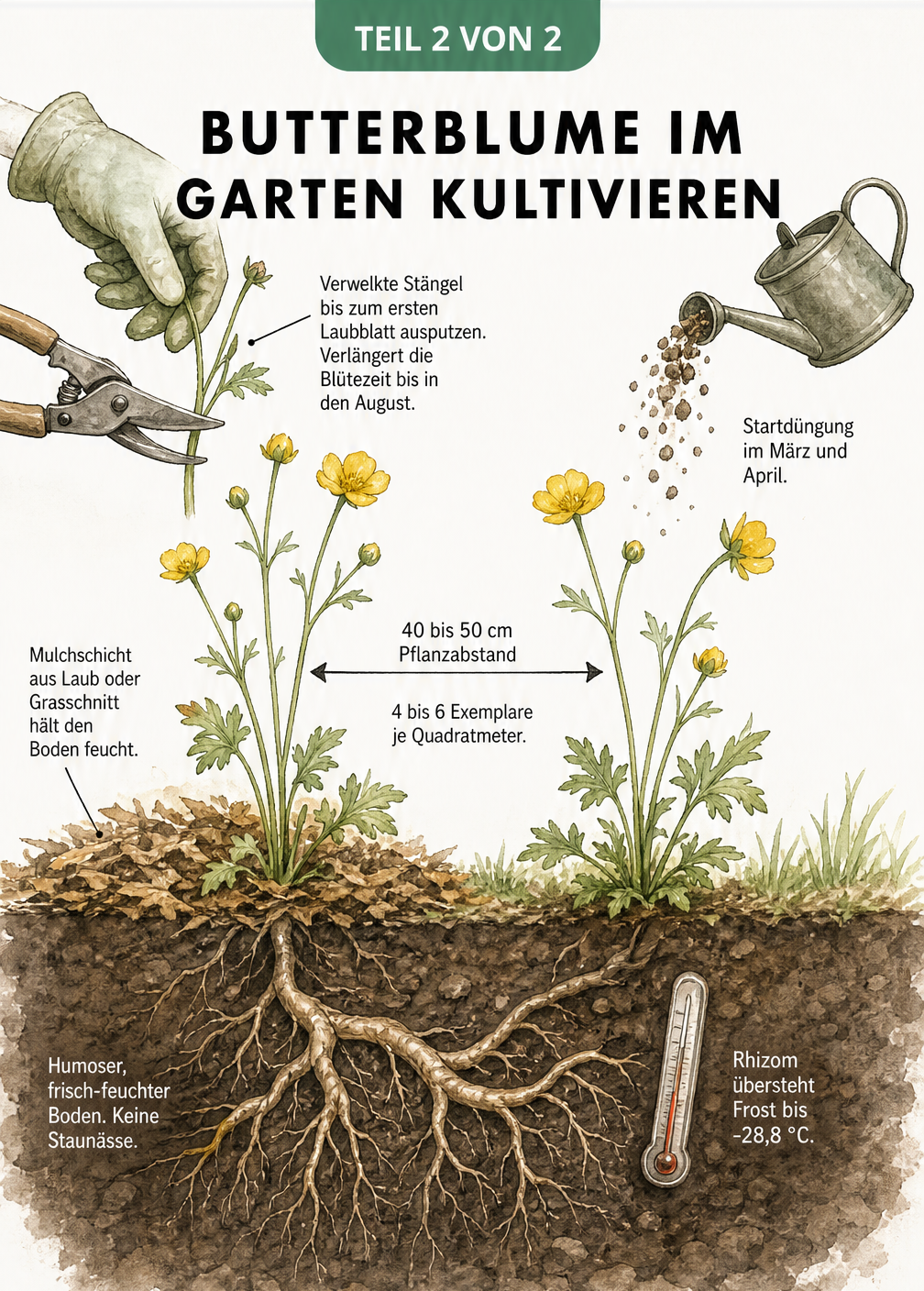 Querschnitt eines Gartenbeets mit Butterblumen, Pflanzabstand und Pflegetipps