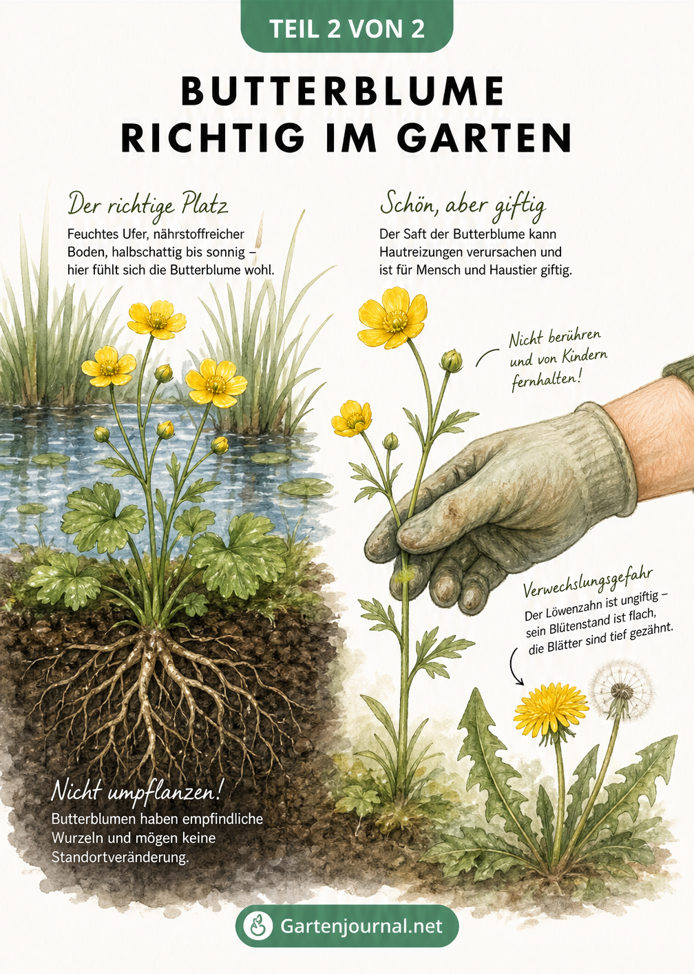 Aquarell-Illustration einer Butterblume am feuchten Teichufer und Warnhinweis zur Giftigkeit mit Gartenhandschuh