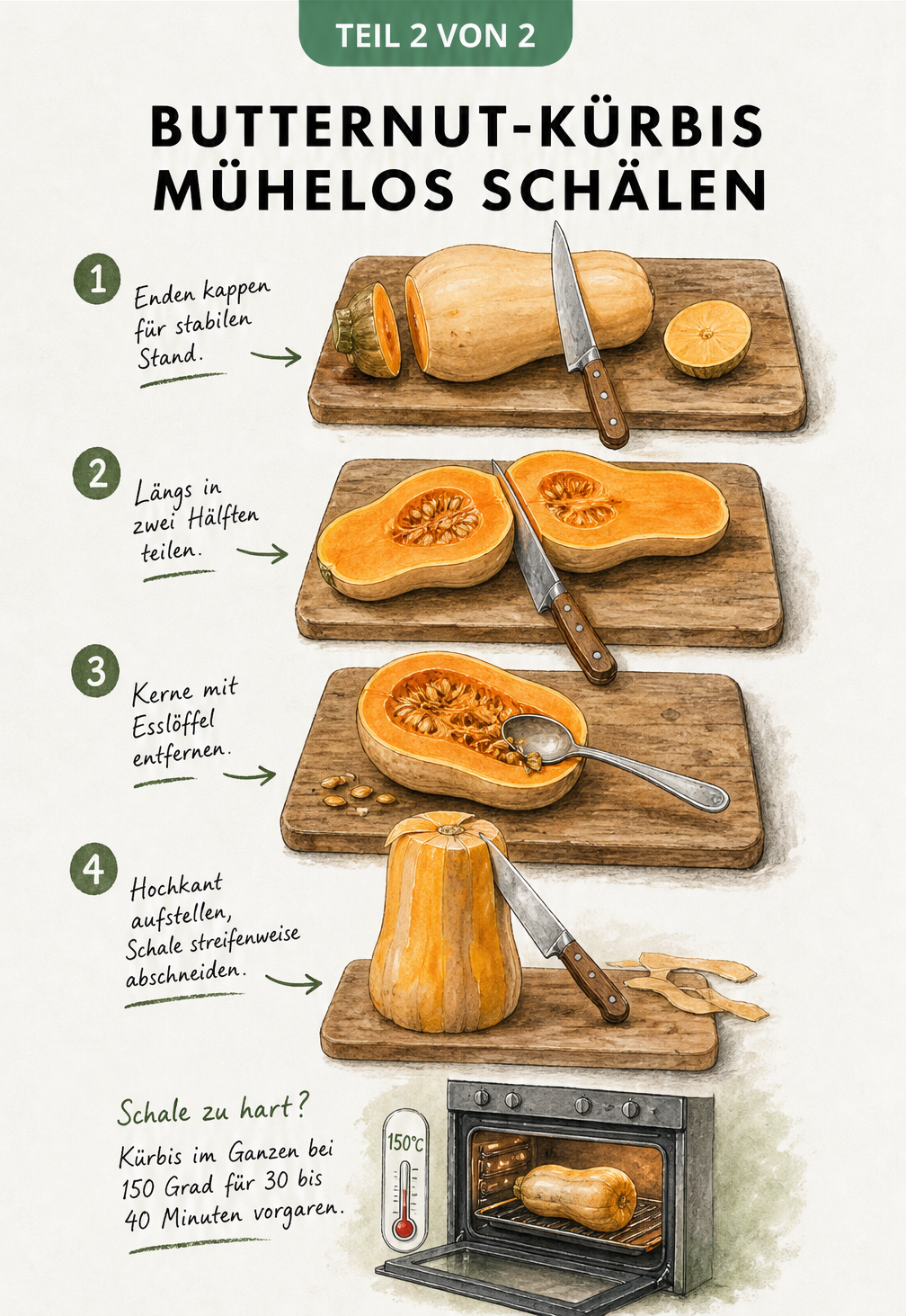 Vier Schritte zum Schälen eines Butternut-Kürbisses: Enden kappen, halbieren, Kerne entfernen und Schale streifenweise abschneiden.