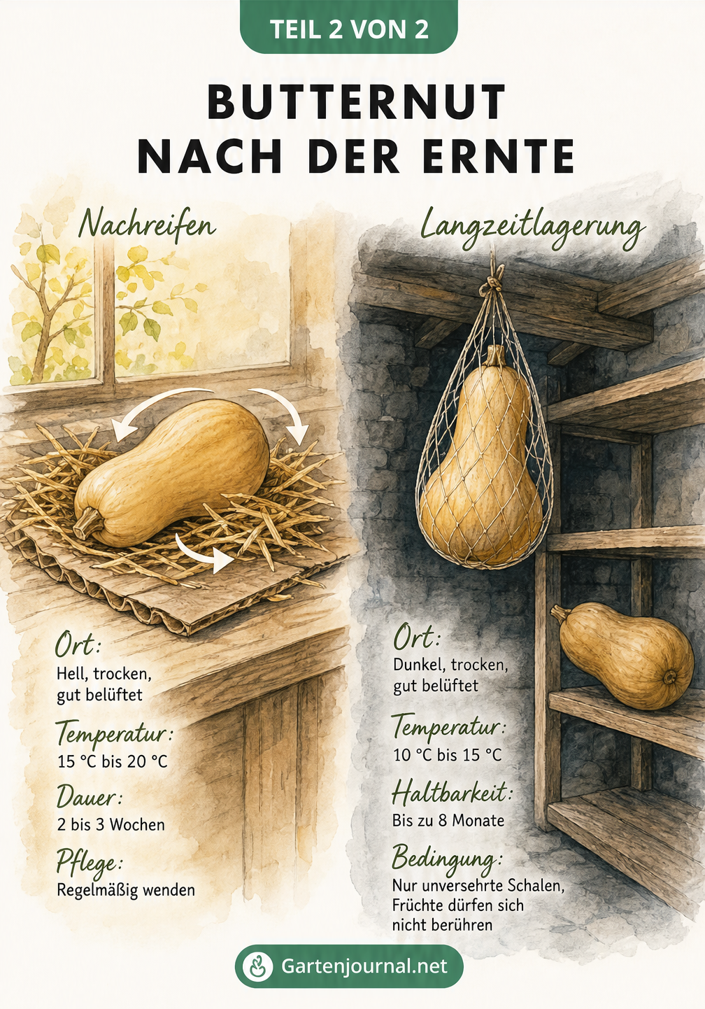 Zweiteilige Illustration zur Nachreife und Lagerung von Butternut-Kürbissen mit Temperatur- und Pflegehinweisen