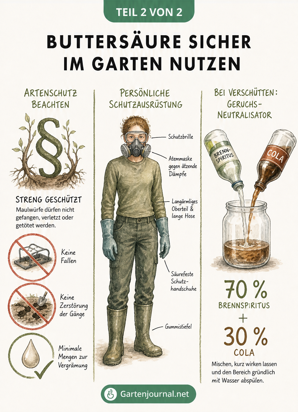 Illustration einer Person in Schutzausrüstung mit Schutzbrille, Atemmaske und Handschuhen sowie Hinweisen zum Artenschutz und zur Geruchsneutralisierung von...