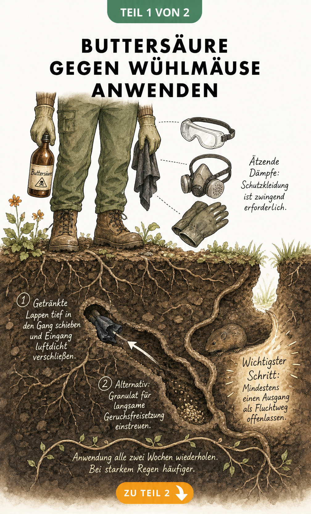 Illustration zur sicheren Anwendung von Buttersäure gegen Wühlmäuse im Gartenbeet mit Schutzkleidung und getränkten Lappen
