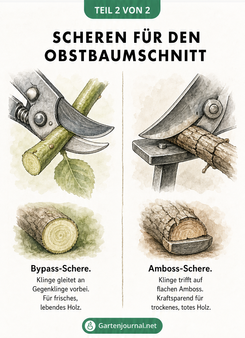 Vergleich von Bypass-Schere für frisches Holz und Amboss-Schere für trockenes Holz