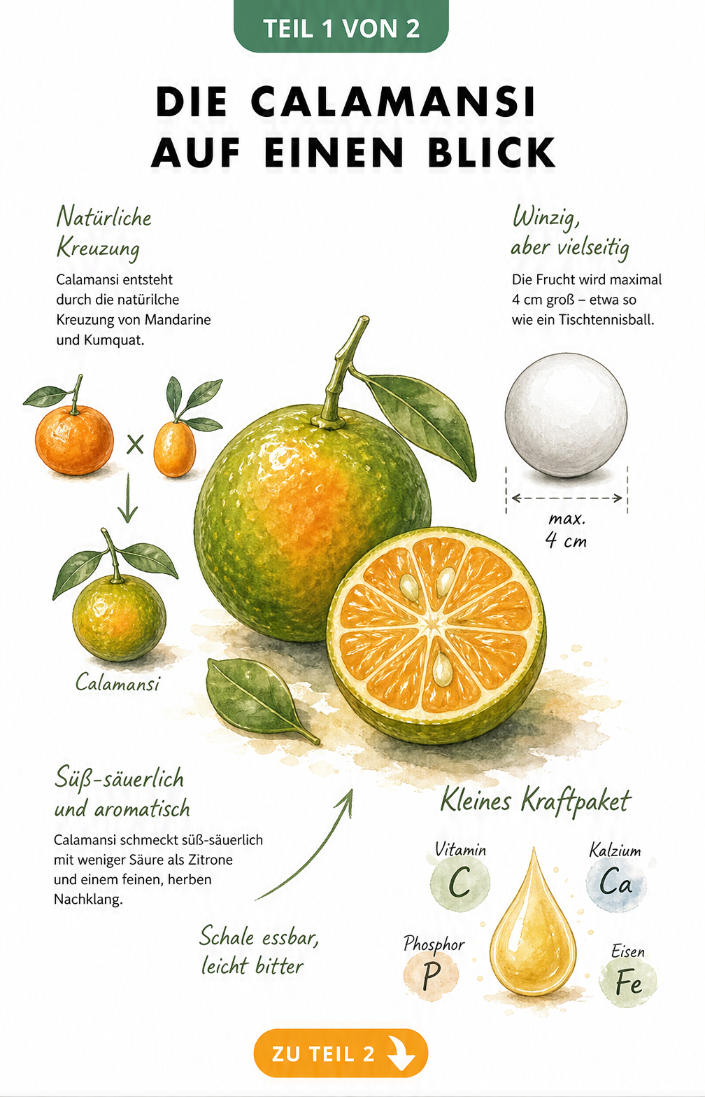Botanische Illustration der Calamansi-Frucht mit Größenvergleich, Abstammung und Nährstoffen