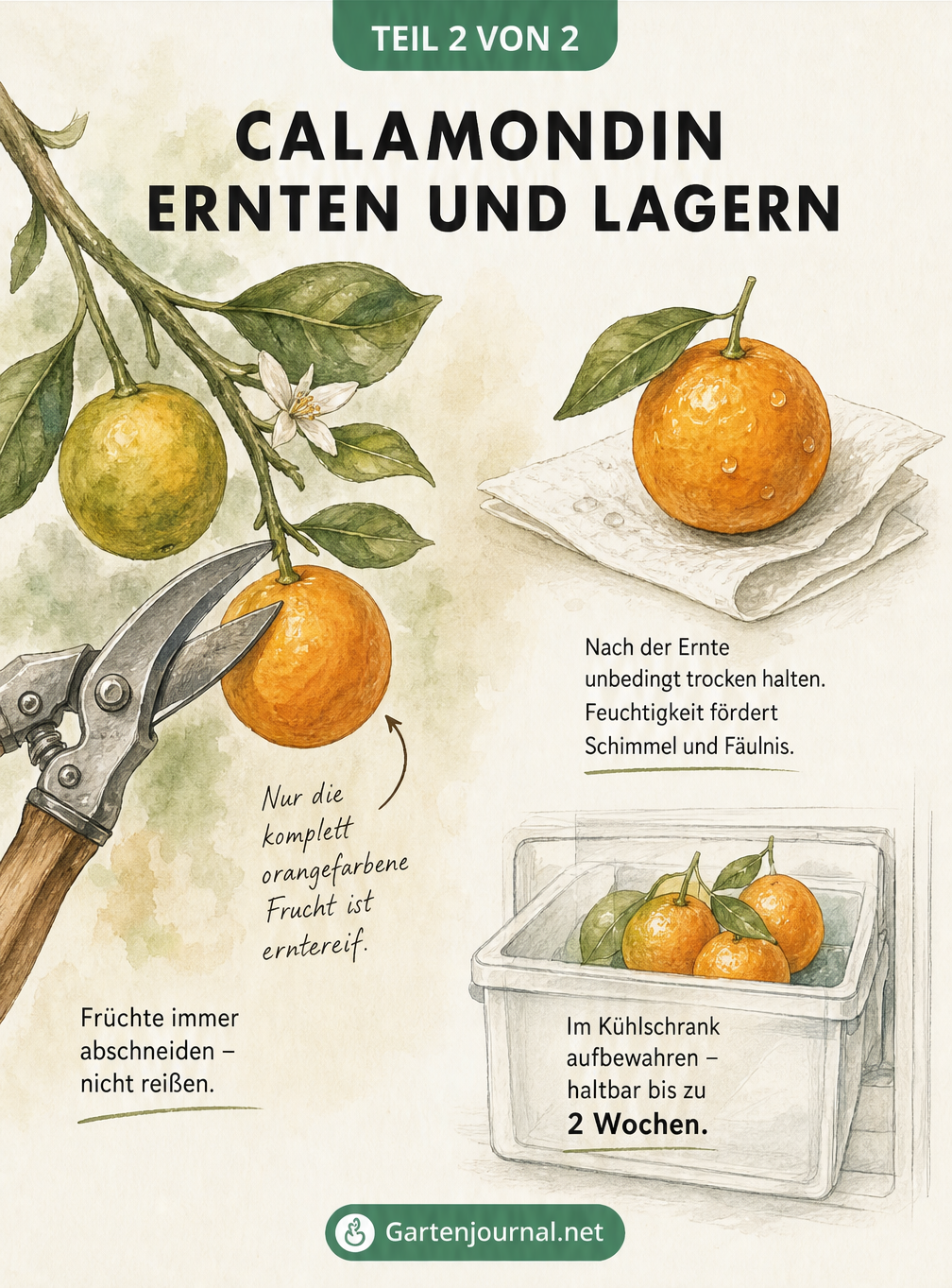Illustration zur Ernte und Lagerung von Calamondin mit Gartenschere und Kühlschrankfach