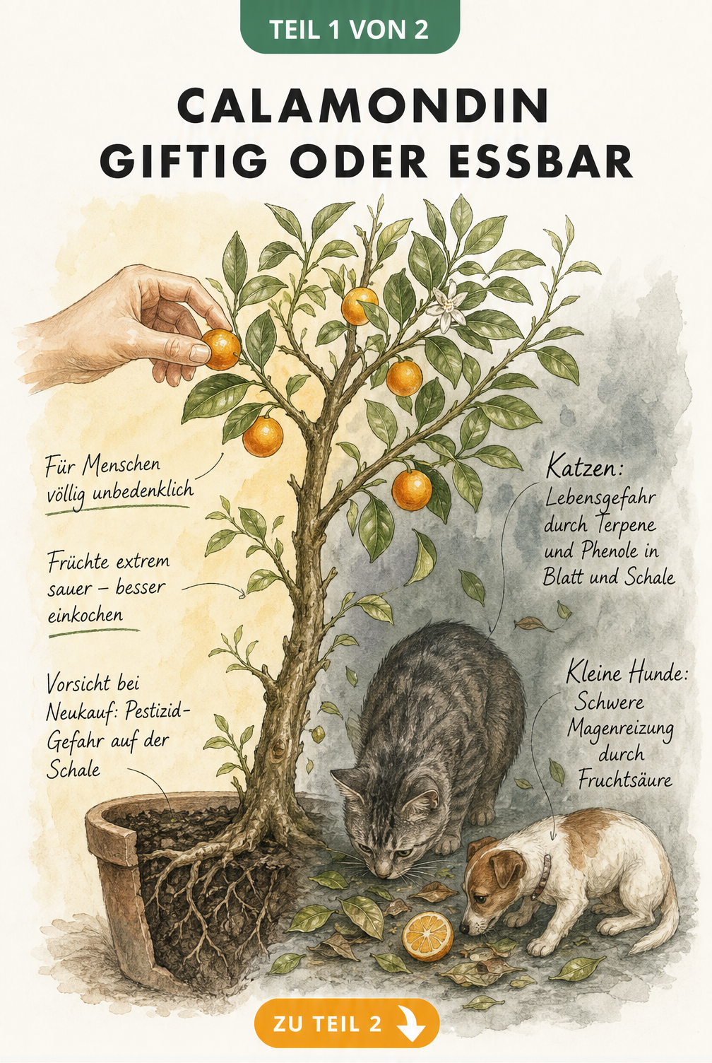 Botanische Illustration eines Calamondin-Bäumchens im Querschnitt, die zeigt, dass die Früchte für Menschen essbar, aber für Katzen und Hunde giftig sind.
