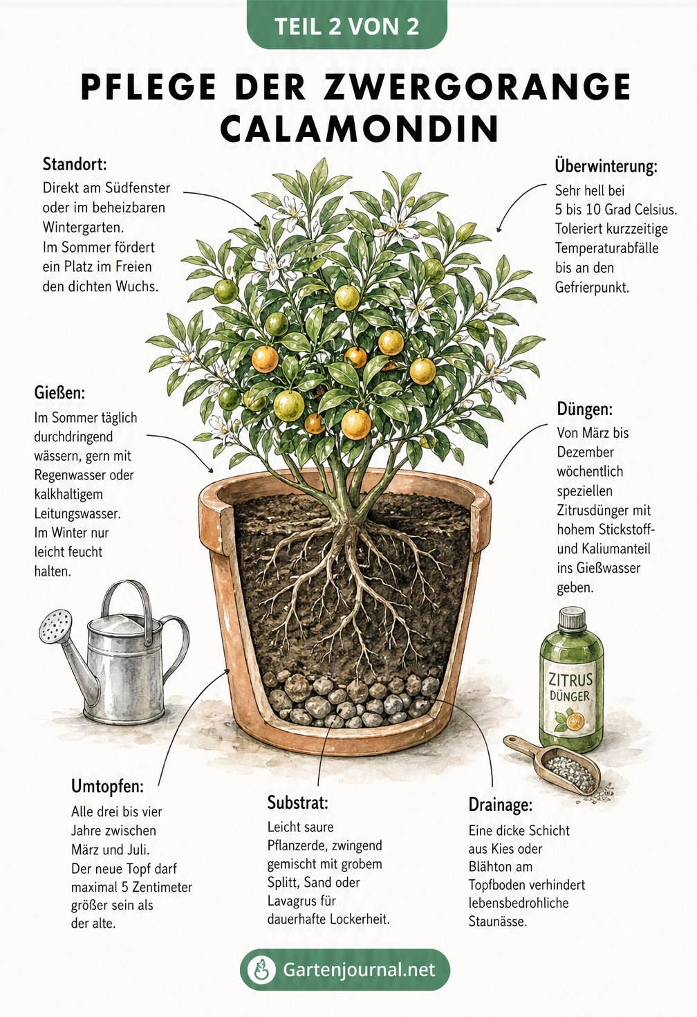 Illustration einer Calamondin im Terrakotta-Kübel mit Querschnitt durch die Erde, der Substrat und Drainage zeigt