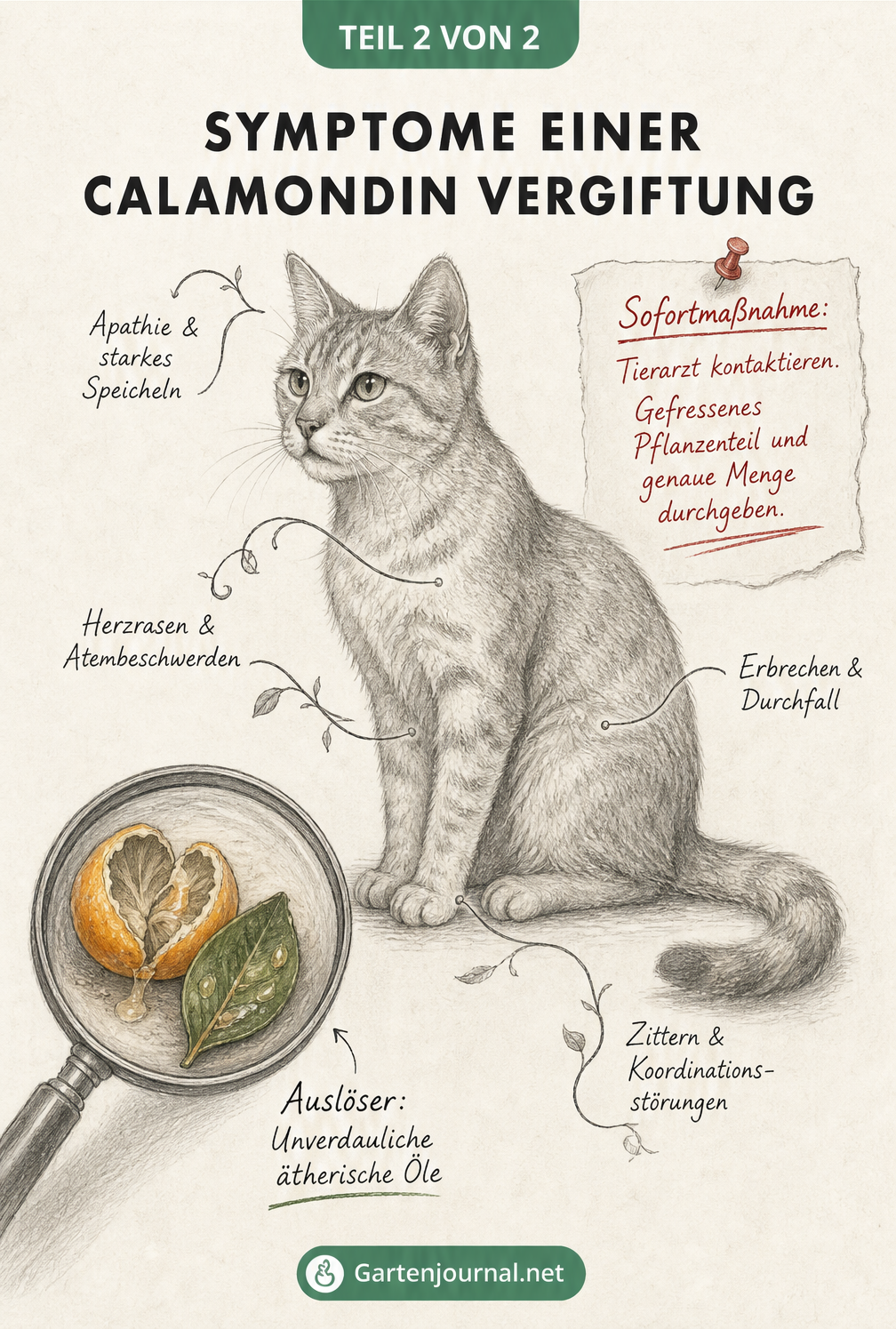 Zeichnung einer Katze mit Markierungen für Vergiftungssymptome wie Apathie, Herzrasen, Erbrechen und Zittern nach dem Verzehr von Calamondin.