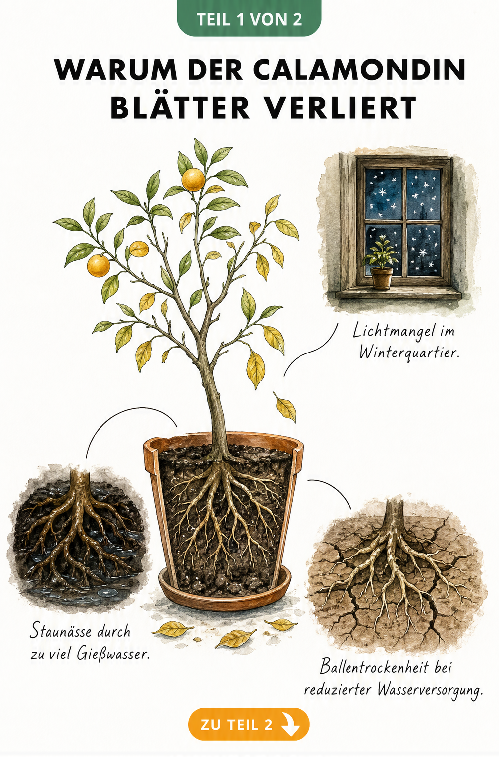 Botanische Illustration eines Calamondin-Bäumchens, das gelbe Blätter abwirft, mit Detailzeichnungen zu Lichtmangel, Staunässe und Ballentrockenheit