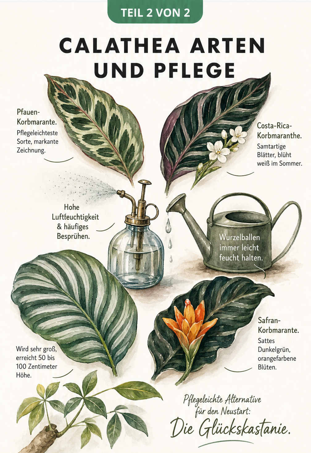 Aquarell-Zeichnung von vier Calathea-Arten mit Pflegehinweisen wie hoher Luftfeuchtigkeit und leicht feuchtem Wurzelballen.