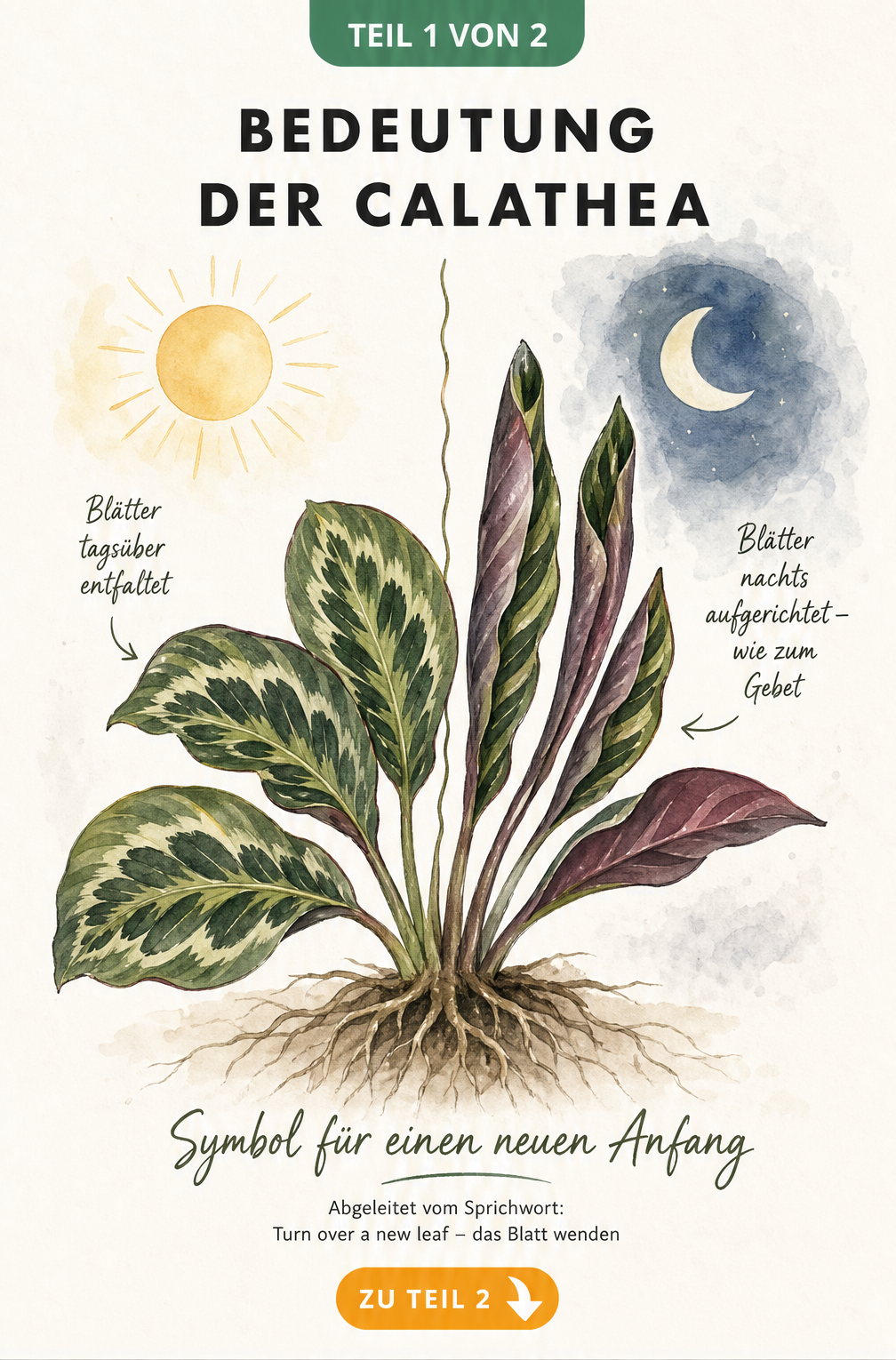 Botanische Illustration einer Calathea, die tagsüber ihre Blätter entfaltet und nachts aufrichtet, als Symbol für einen Neuanfang.