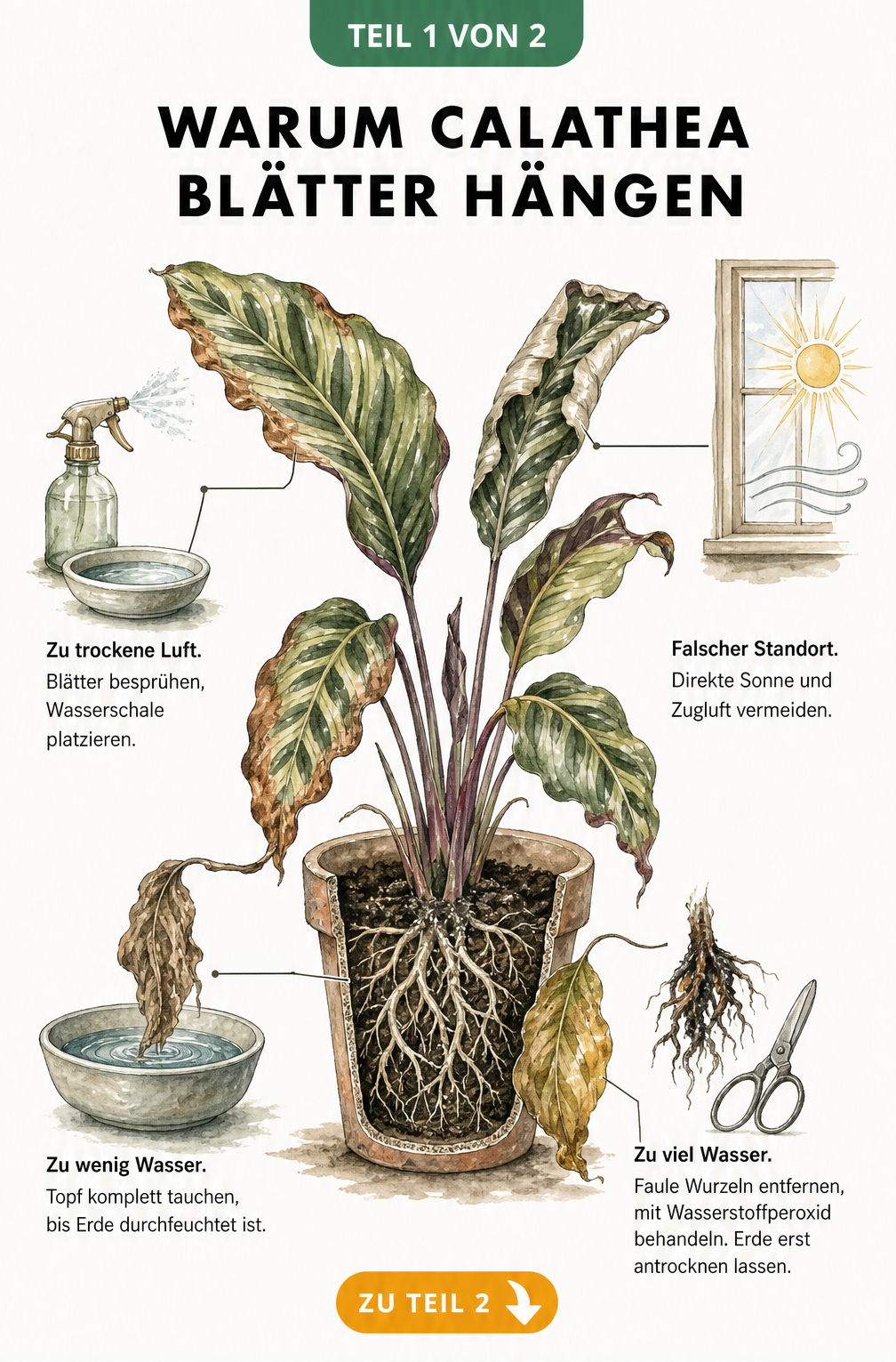 Botanische Illustration einer Calathea im Querschnitt mit Schadbildern an Blättern und Wurzeln durch falsche Pflege