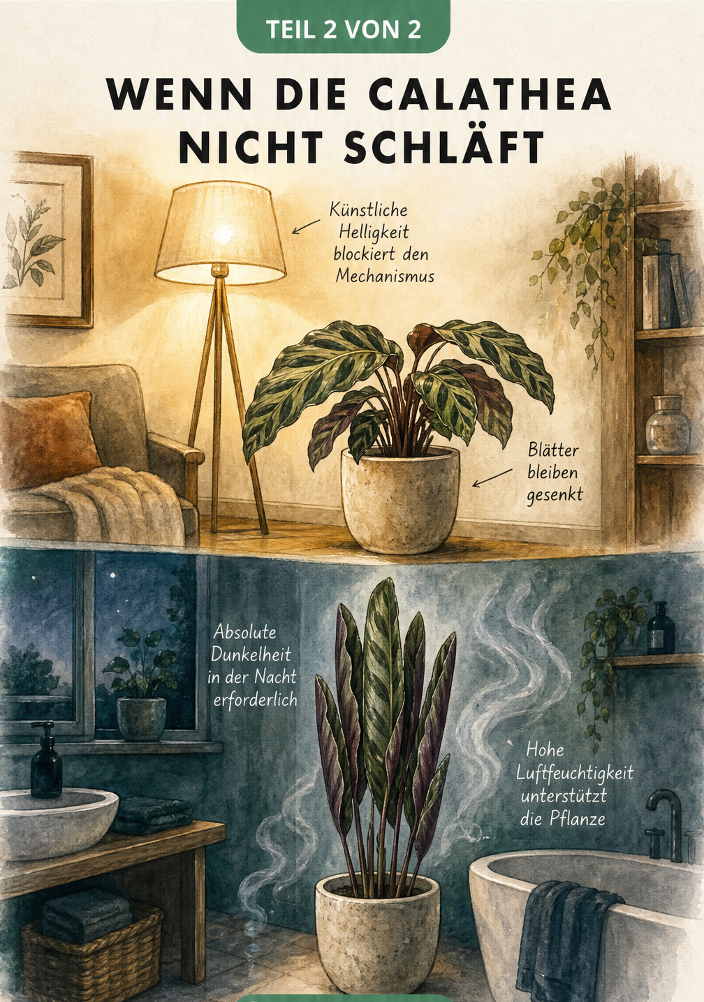 Zwei Raumsituationen mit einer Calathea: Im hellen Wohnzimmer bleiben die Blätter unten, im dunklen Bad klappen sie hoch