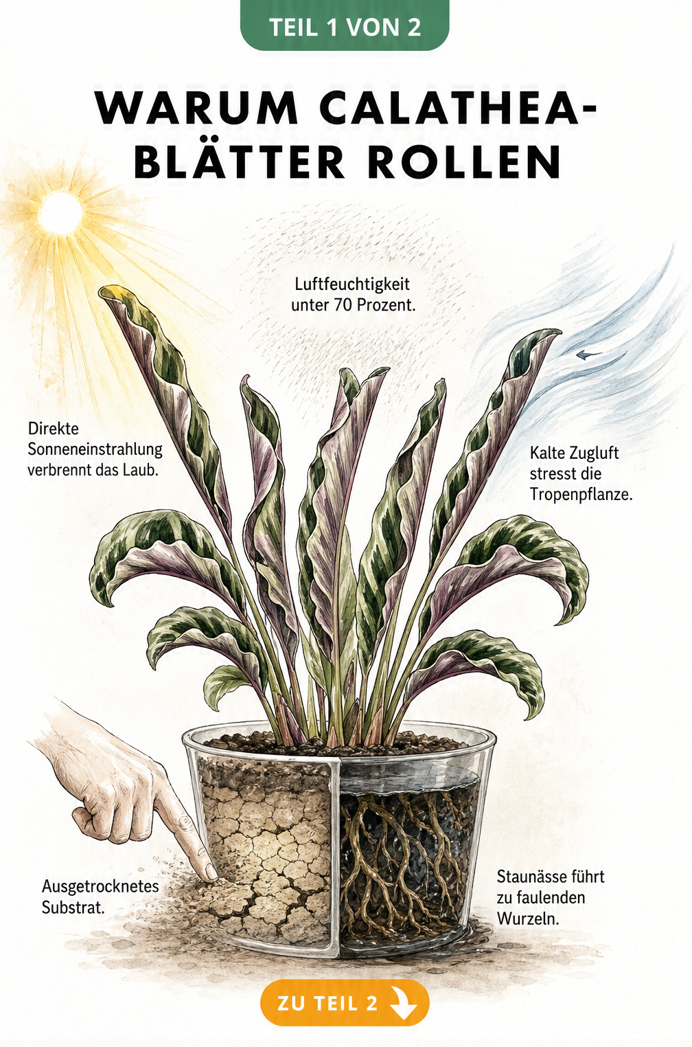 Botanische Illustration einer Calathea im Querschnitt, die eingerollte Blätter und Stressfaktoren wie direkte Sonne, Zugluft, trockene Luft, ausgetrocknete...