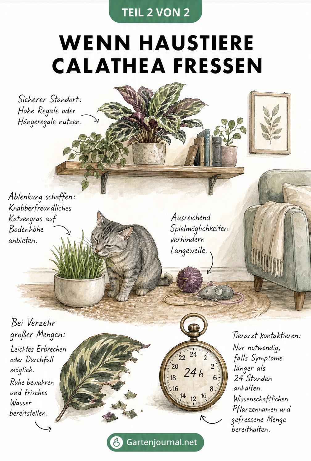 Illustration eines Wohnzimmers mit Tipps zum Schutz von Calathea-Pflanzen vor Haustieren und Maßnahmen bei Verzehr.