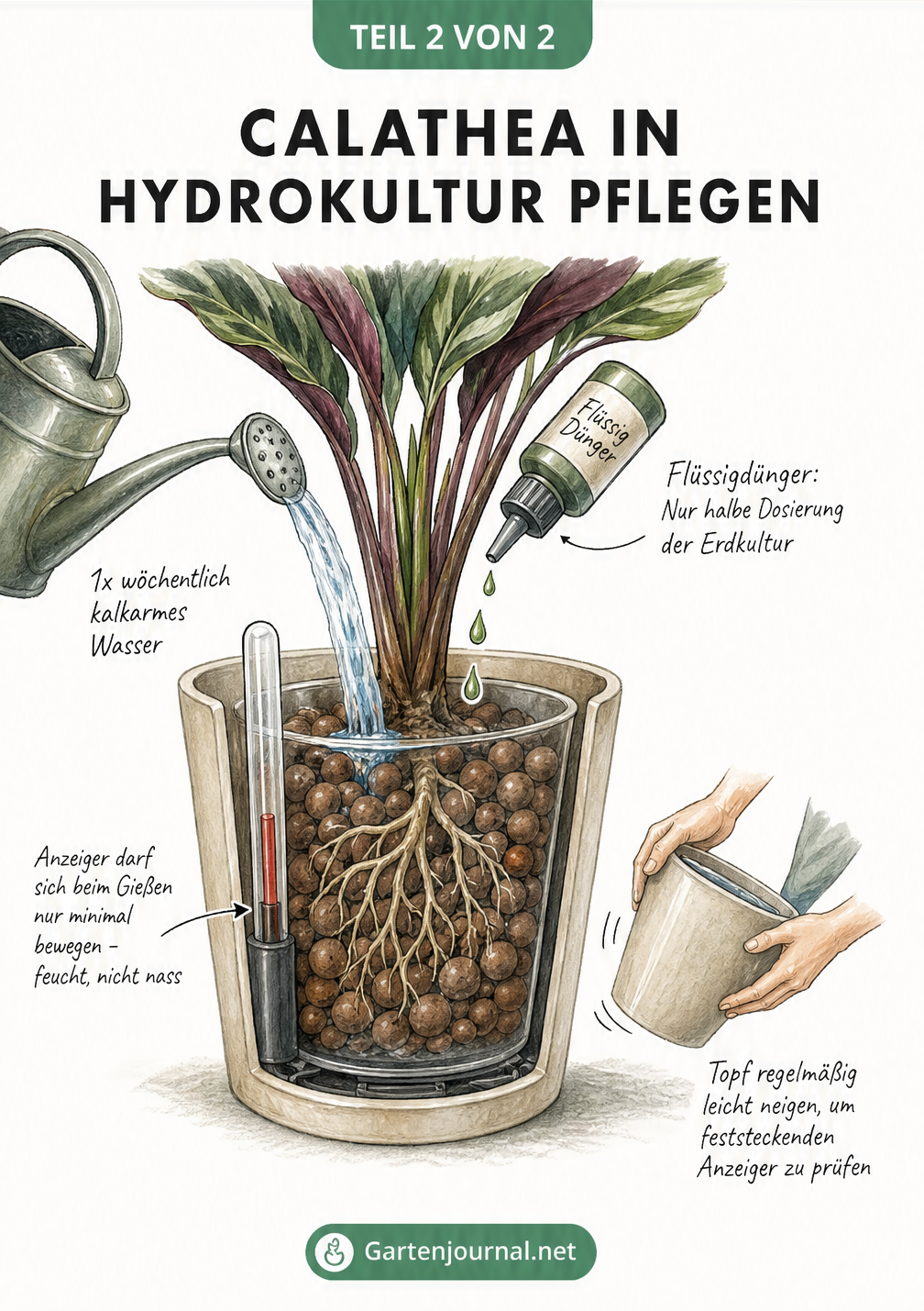 Gießen und Düngen einer Calathea in Hydrokultur mit Fokus auf den Wasserstandsanzeiger