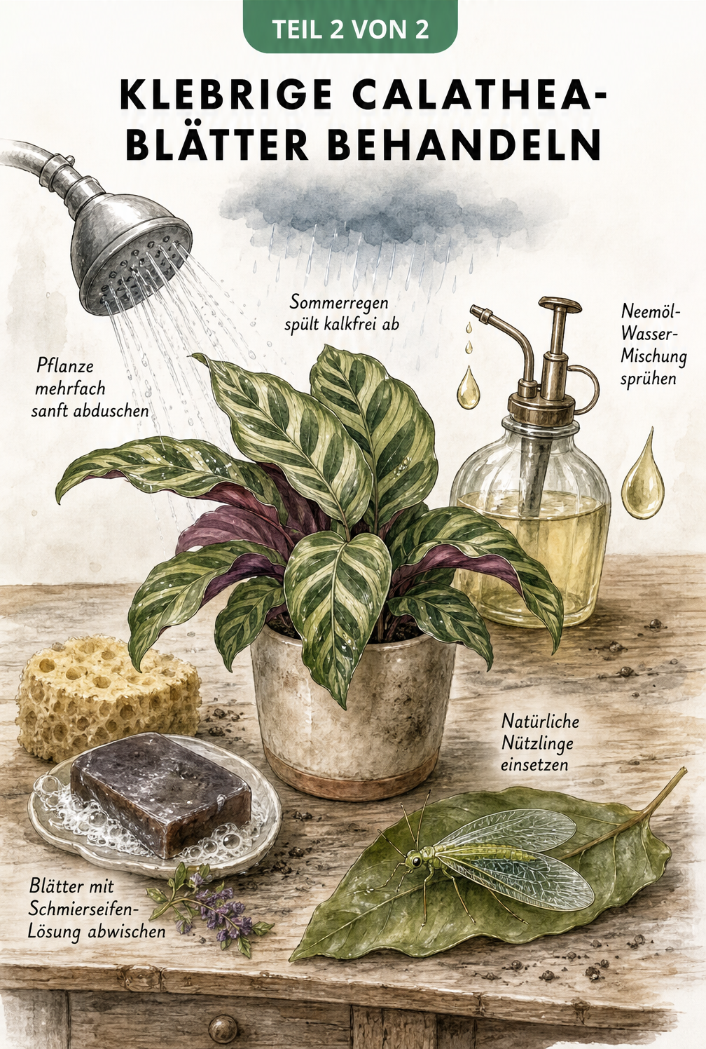 Illustration von Hausmitteln gegen klebrige Blätter: Duschkopf, Neemöl, Schmierseife und Florfliege