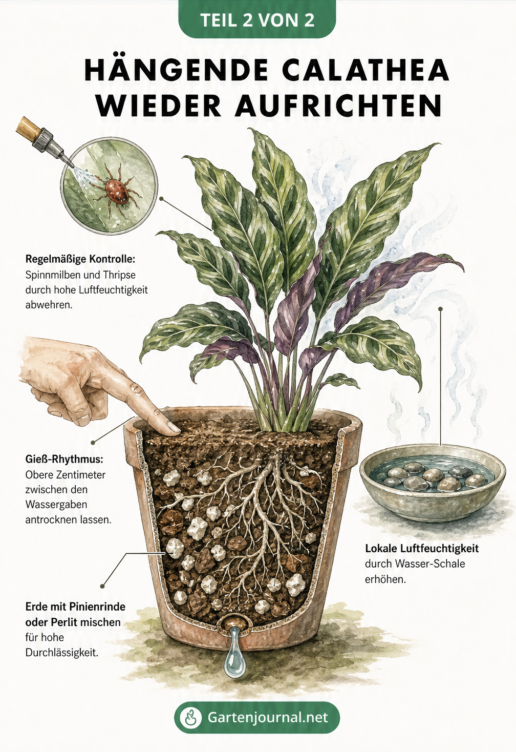 Schnittzeichnung eines Calathea-Topfes mit durchlässiger Erde, Wasserschale zur Luftbefeuchtung und gesunden Blättern