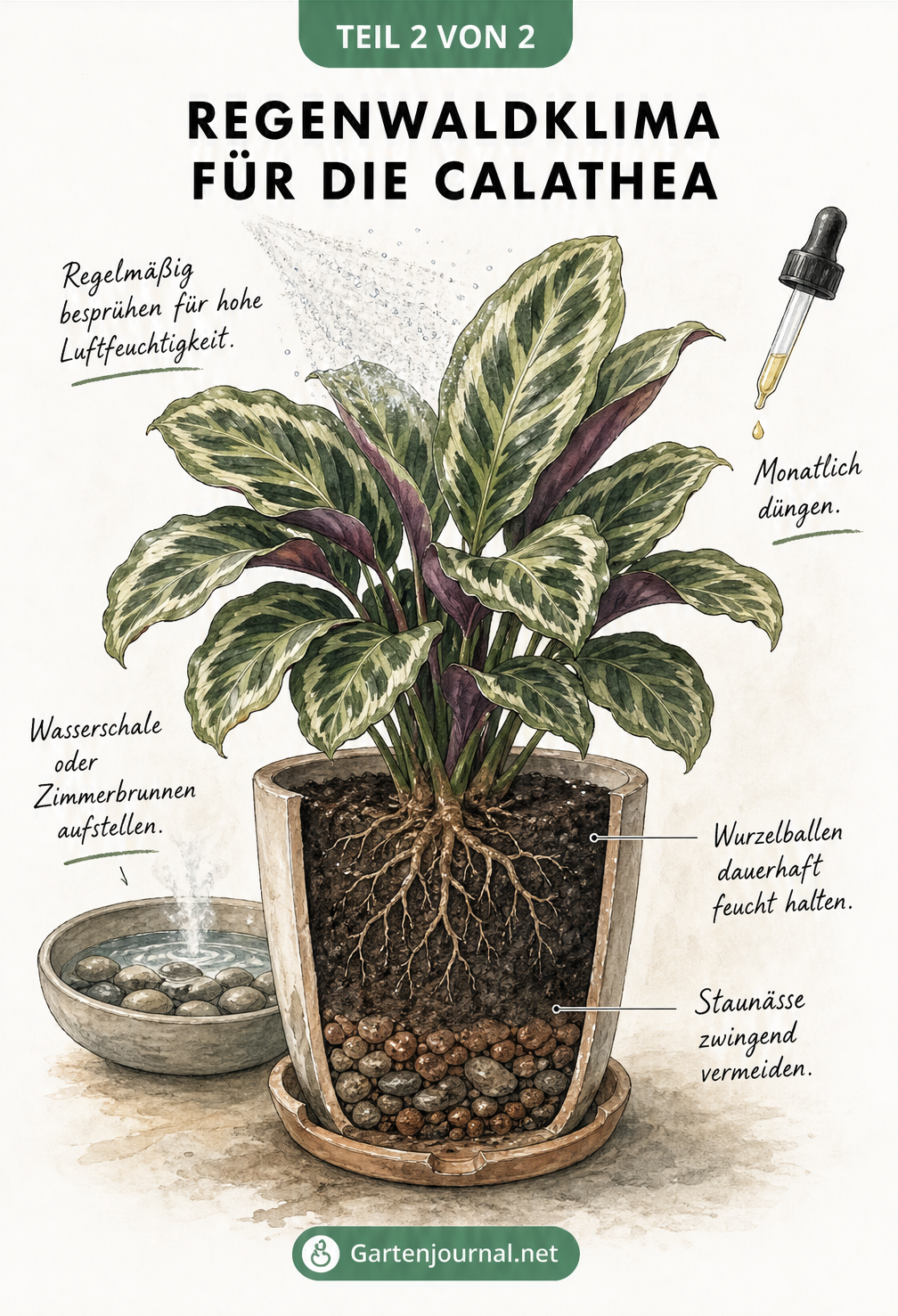 Botanische Illustration einer Calathea mit Pflegehinweisen zu Luftfeuchtigkeit und Gießen