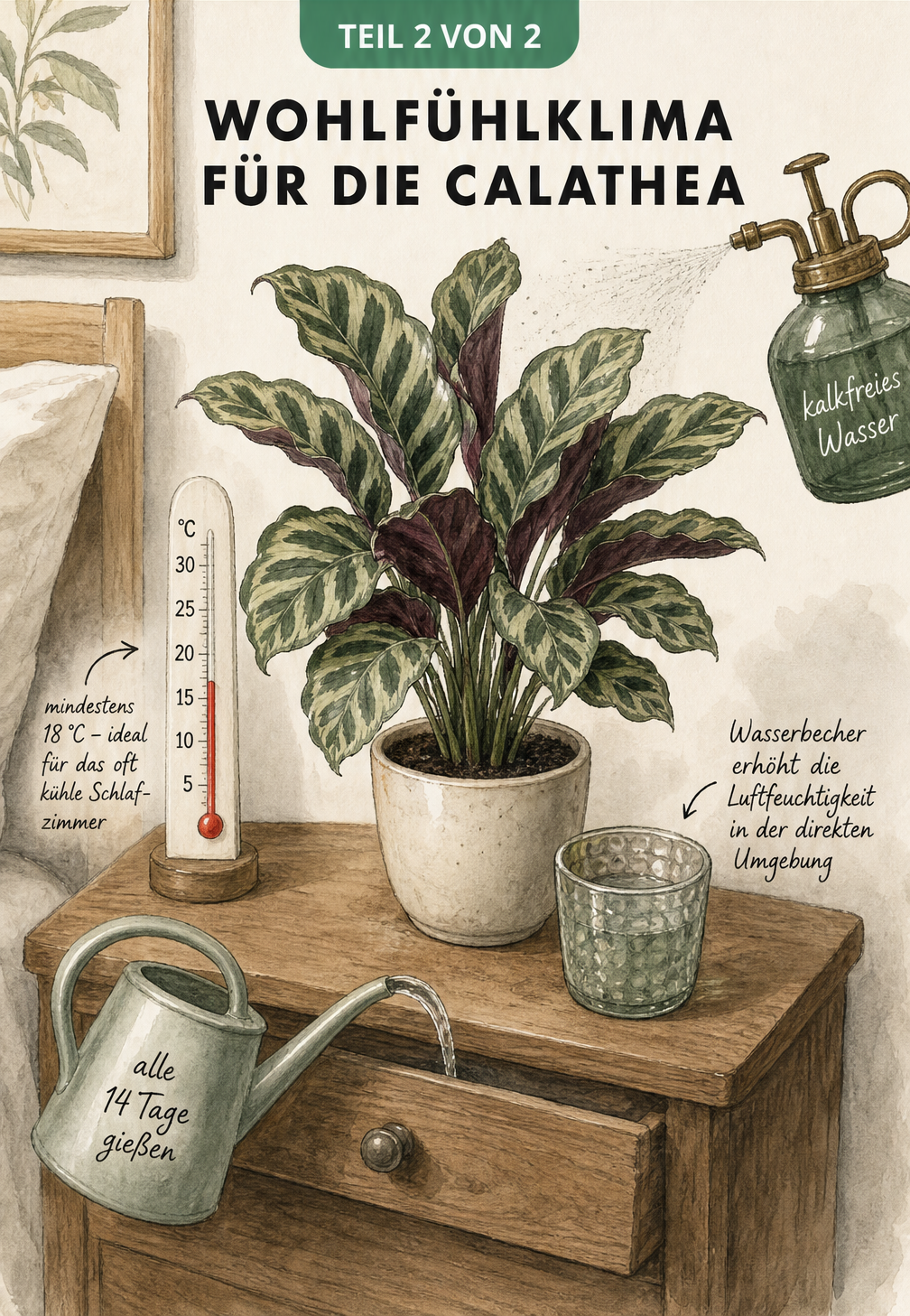 Gezeichnete Raumszene mit einer Calathea auf einem Nachttisch, die Pflegehinweise wie 18 Grad Temperatur, Besprühen und Gießen alle 14 Tage zeigt