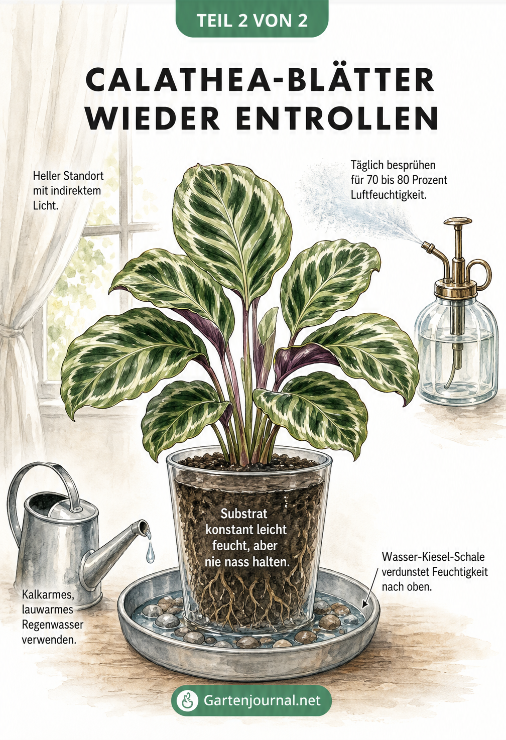 Botanische Illustration einer gesunden Calathea mit flachen Blättern, die ideale Pflegebedingungen wie indirektes Licht, Besprühen, Wasser-Kiesel-Schale und...