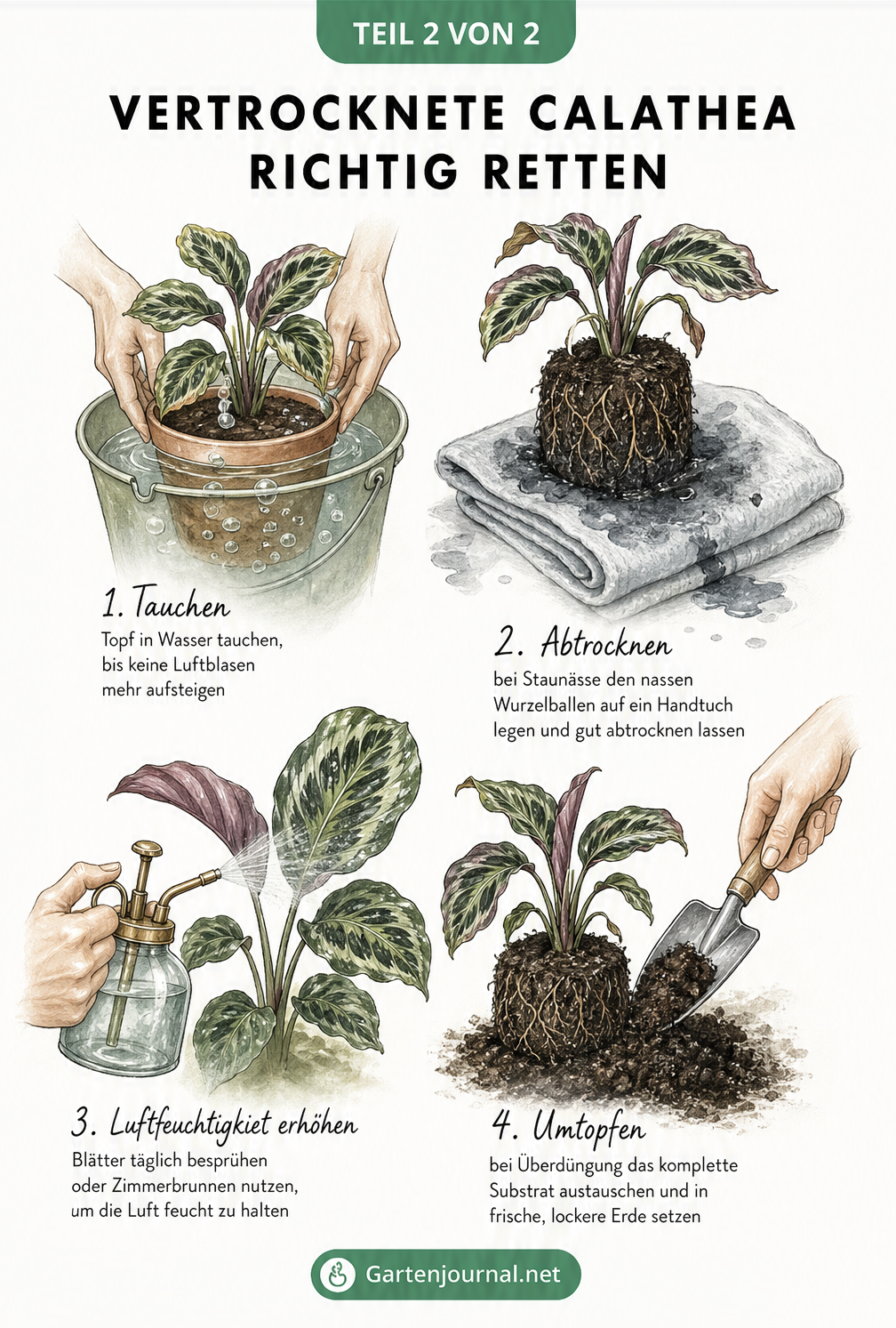 Vier Illustrationen zur Rettung einer Calathea: Pflanze tauchen, Erdballen auf Handtuch abtrocknen, Blätter mit Wasser besprühen und frische Erde einfüllen.