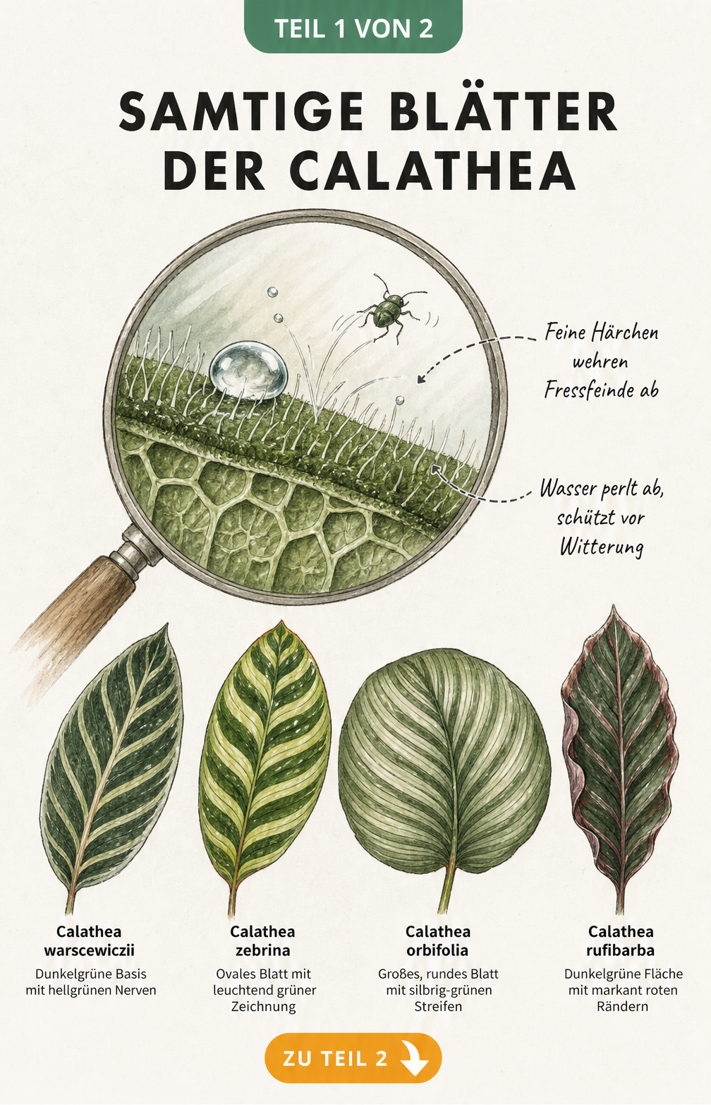 Botanische Illustration der samtigen Blätter von Calathea-Arten mit Querschnitt der Blattoberfläche