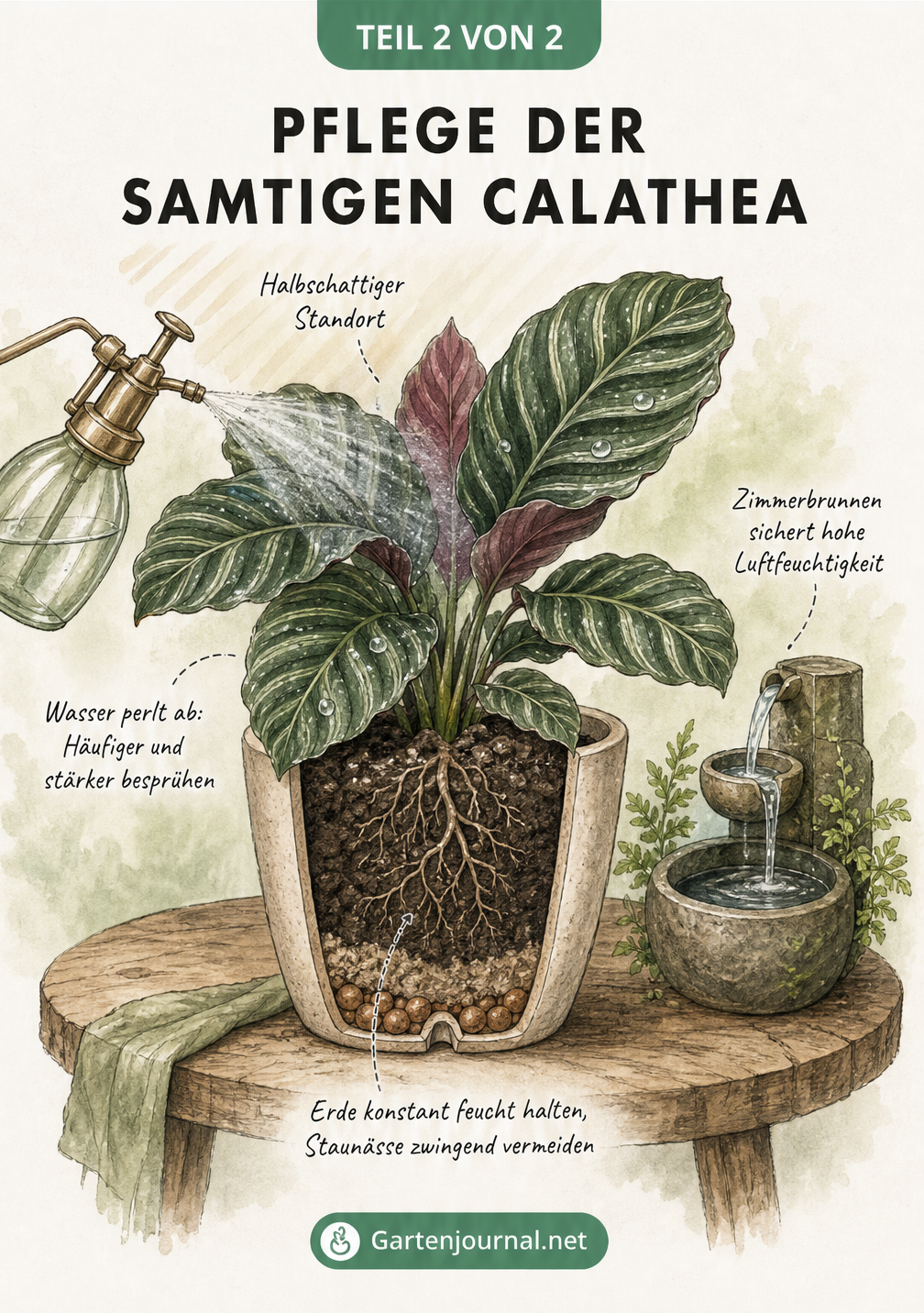 Illustration zur Pflege einer Calathea mit samtigen Blättern, inklusive Sprühflasche und Zimmerbrunnen