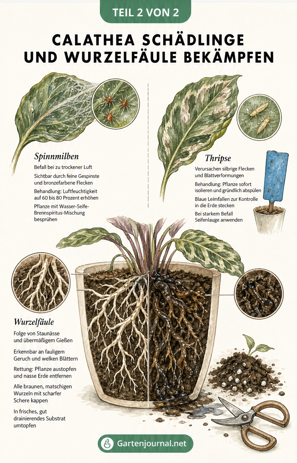 Schnittzeichnung einer Calathea, die Spinnmilben und Thripse an den Blättern sowie Wurzelfäule im Topf zeigt.