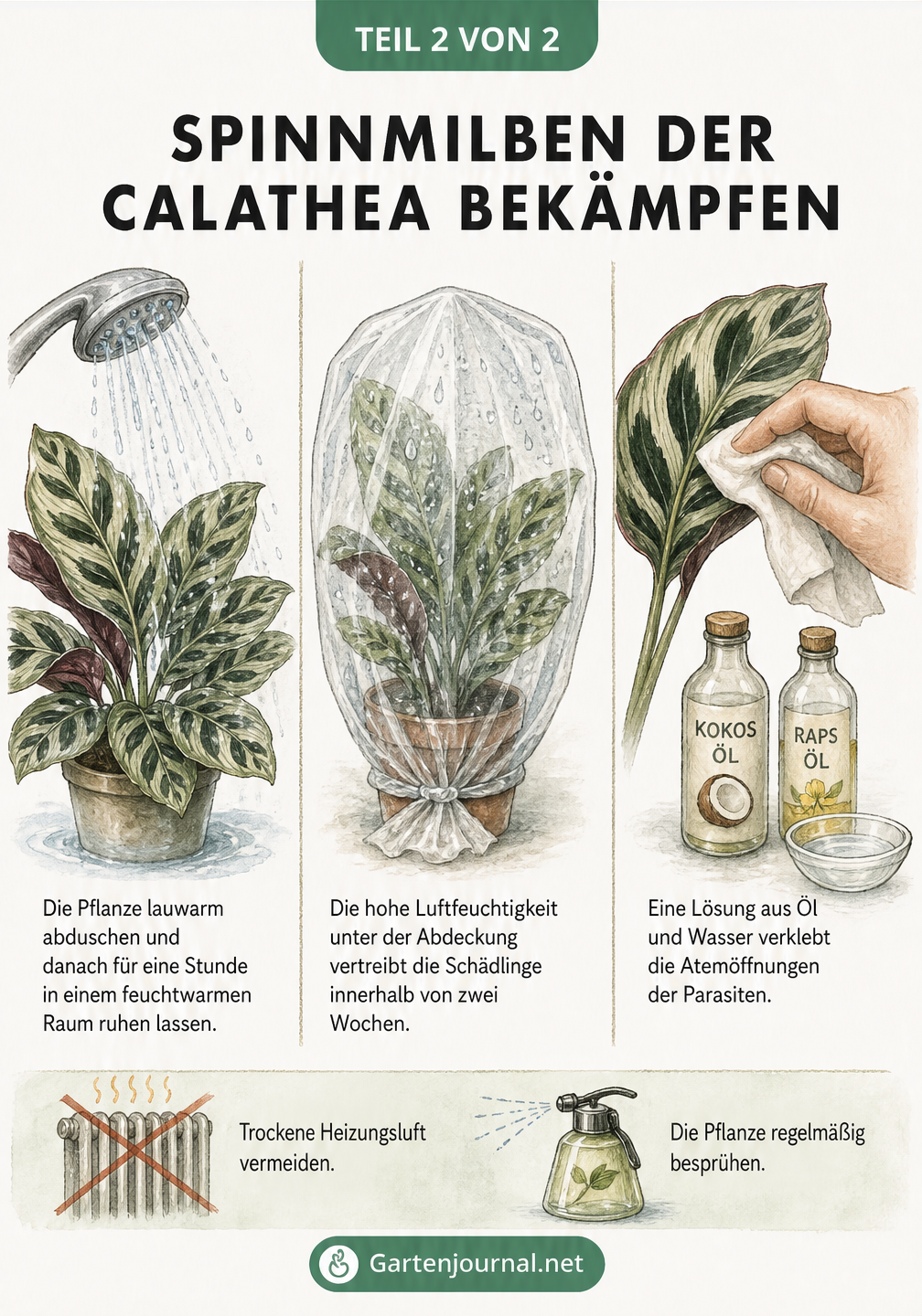 Aquarell-Skizzen zur Bekämpfung von Spinnmilben an der Calathea: Abduschen, in Plastiktüte hüllen und mit Öl-Wasser-Mischung abwischen.