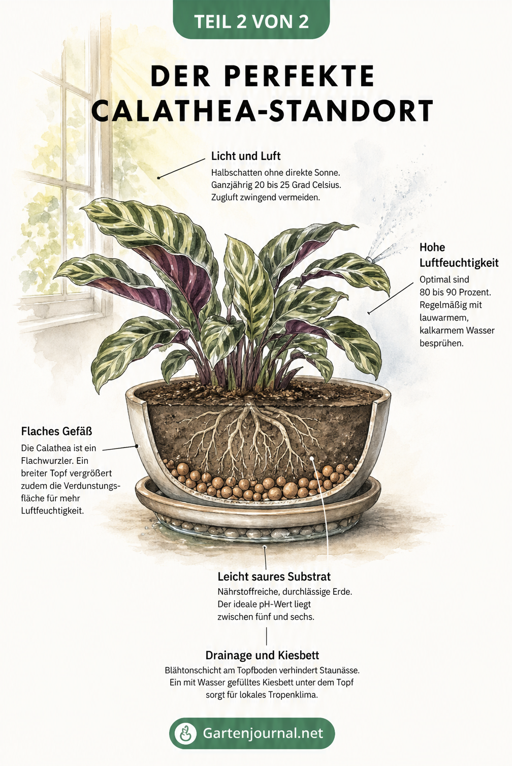 Schnittzeichnung eines Pflanztopfes mit Calathea, die Licht, Temperatur, Luftfeuchtigkeit, flaches Gefäß, leicht saures Substrat und Drainage zeigt.