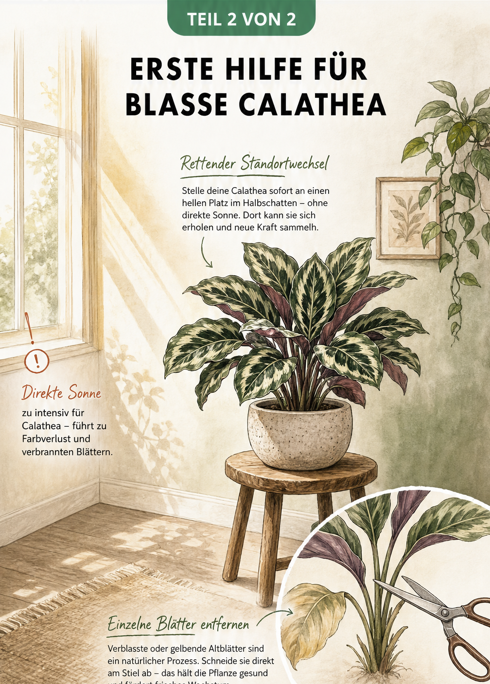 Illustration eines Raumes mit einer Calathea im Halbschatten und einer Gartenschere, die ein blasses Blatt abschneidet