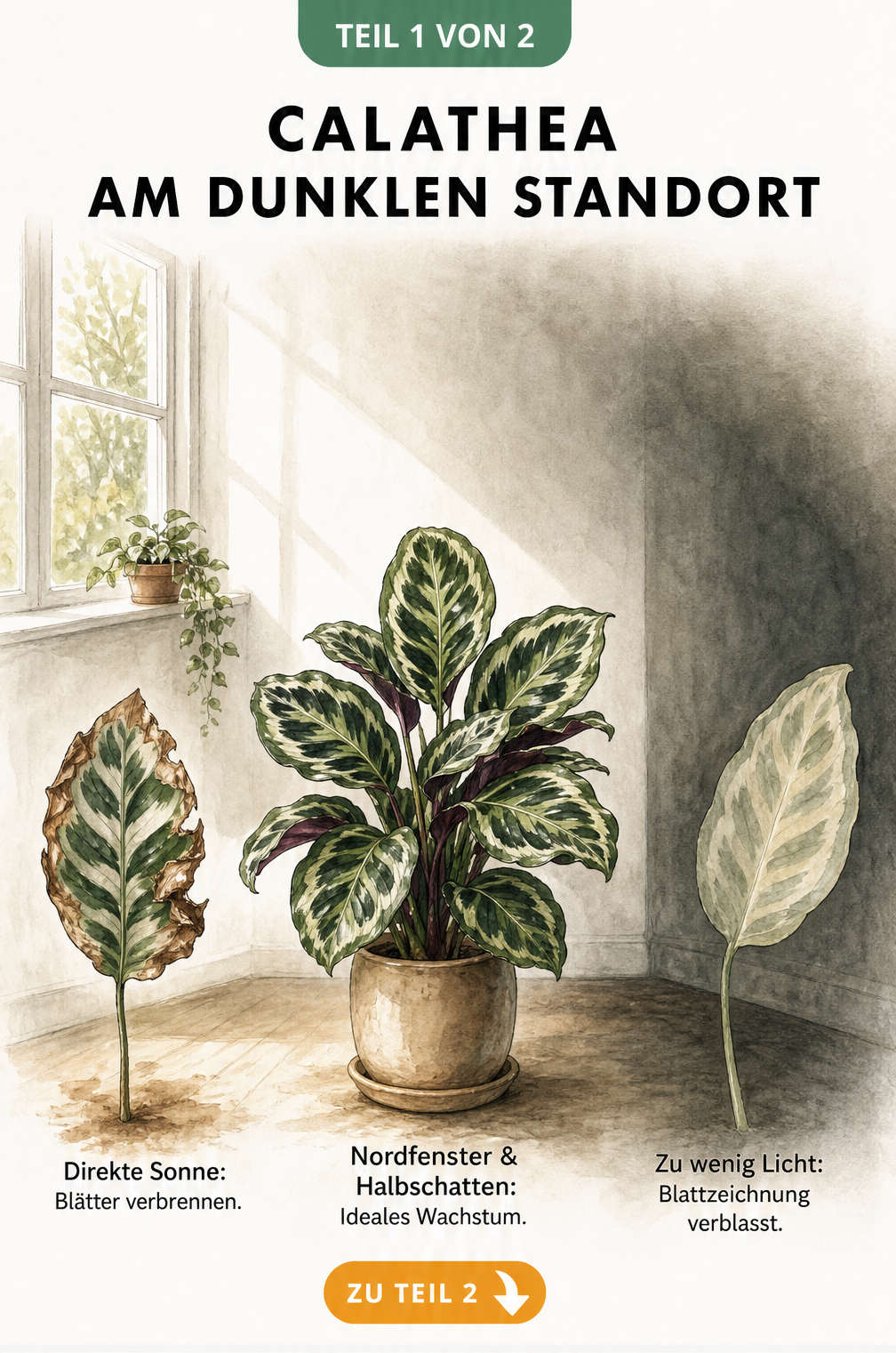 Raumskizze mit Lichtverlauf und drei Calathea-Pflanzen an verschiedenen Standorten