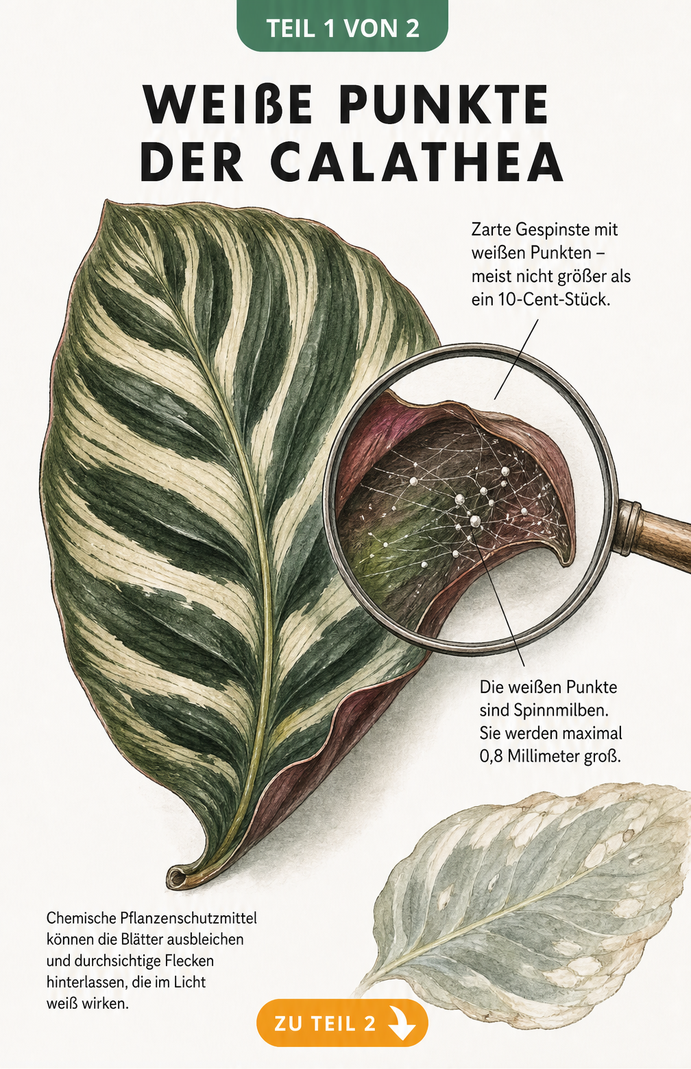 Botanische Illustration eines Calathea-Blattes mit Lupe, die weiße Punkte und Spinnmilben-Gespinste auf der Blattunterseite zeigt.