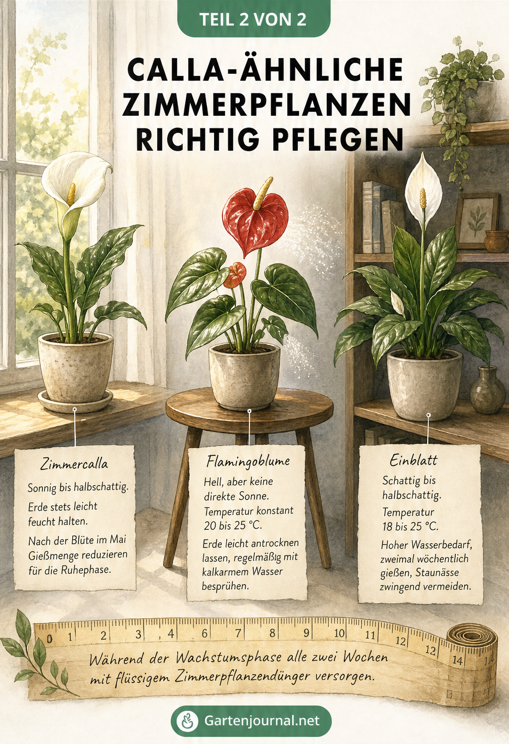 Querschnitt eines Raumes mit Zimmercalla am Fenster, Flamingoblume auf dem Tisch und Einblatt im Regal zur Veranschaulichung der Lichtbedürfnisse