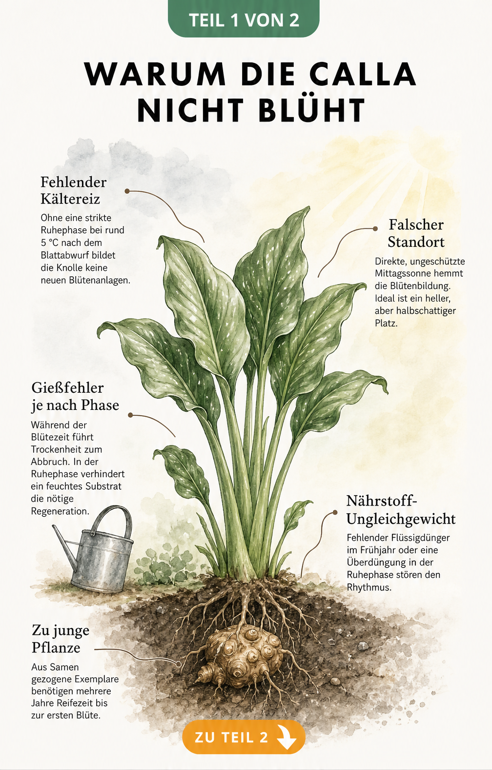 Botanische Illustration einer Calla ohne Blüten mit Erklärungen zu fehlendem Kältereiz, falschem Standort, Gießfehlern, Nährstoff-Ungleichgewicht und zu junger...