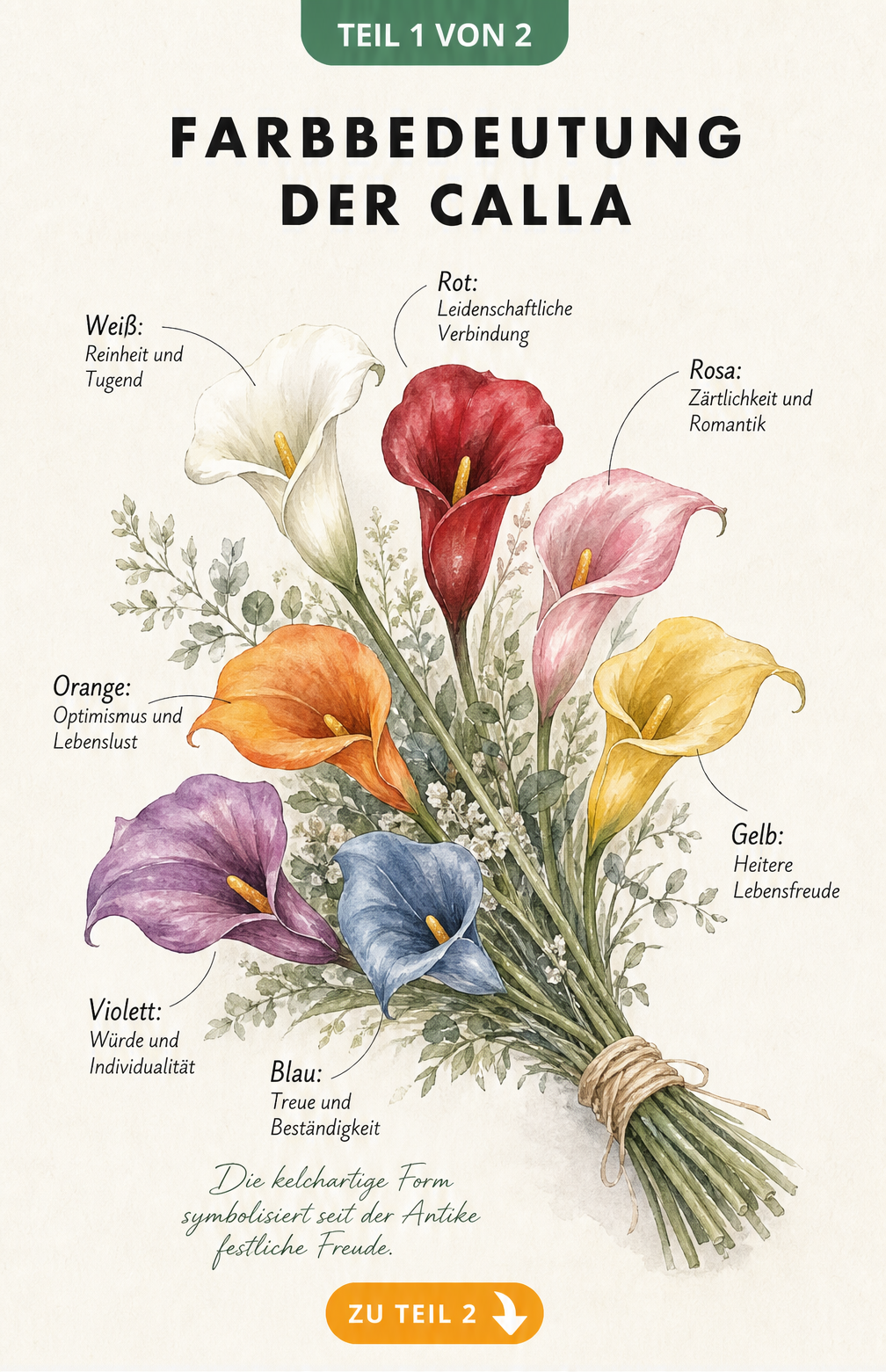 Aquarell-Illustration eines Brautstraußes aus Callas in verschiedenen Farben mit Erklärungen zur Bedeutung