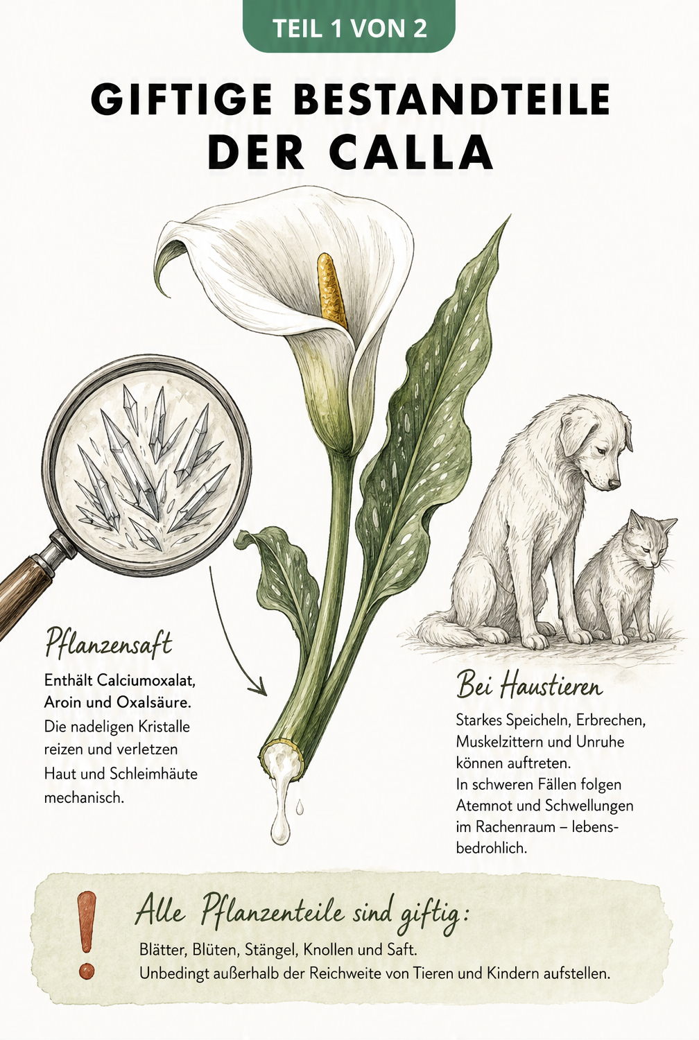 Botanische Zeichnung einer Calla mit Vergrößerung der giftigen Kristalle im Pflanzensaft und Darstellung von Vergiftungssymptomen bei Hund und Katze