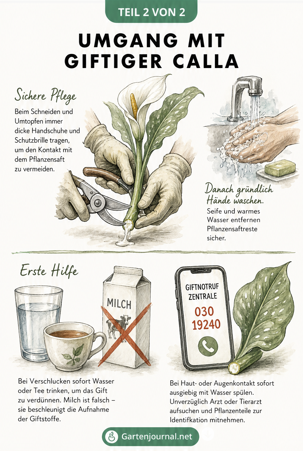 Illustration zum sicheren Umgang mit der Calla: Handschuhe beim Schneiden, Händewaschen und Erste-Hilfe-Maßnahmen wie Wasser trinken und Giftnotruf wählen